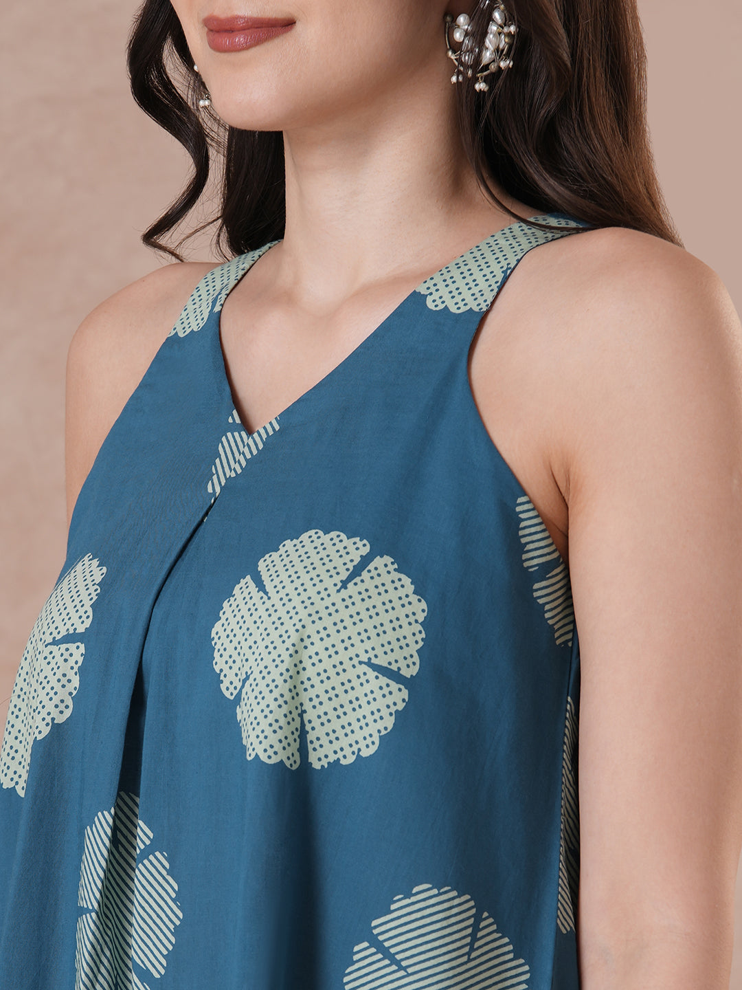 JOYLAND - Cobalt Blue cotton Printed box pleat and a comfortable flared A-line dress.