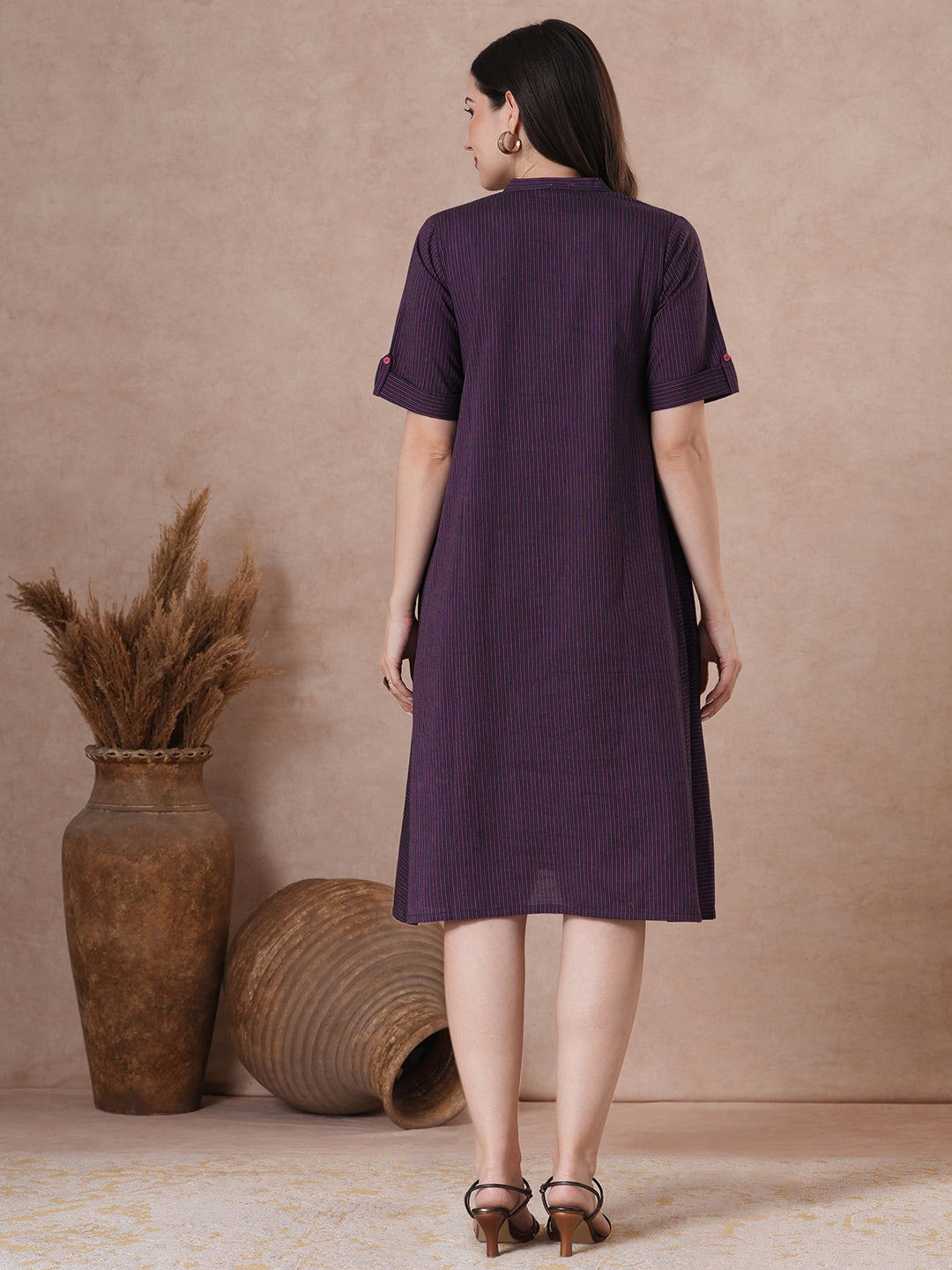 JOYLAND - Cotton striped Tent Fit Shirt Dress with Dual pockets and button accents.