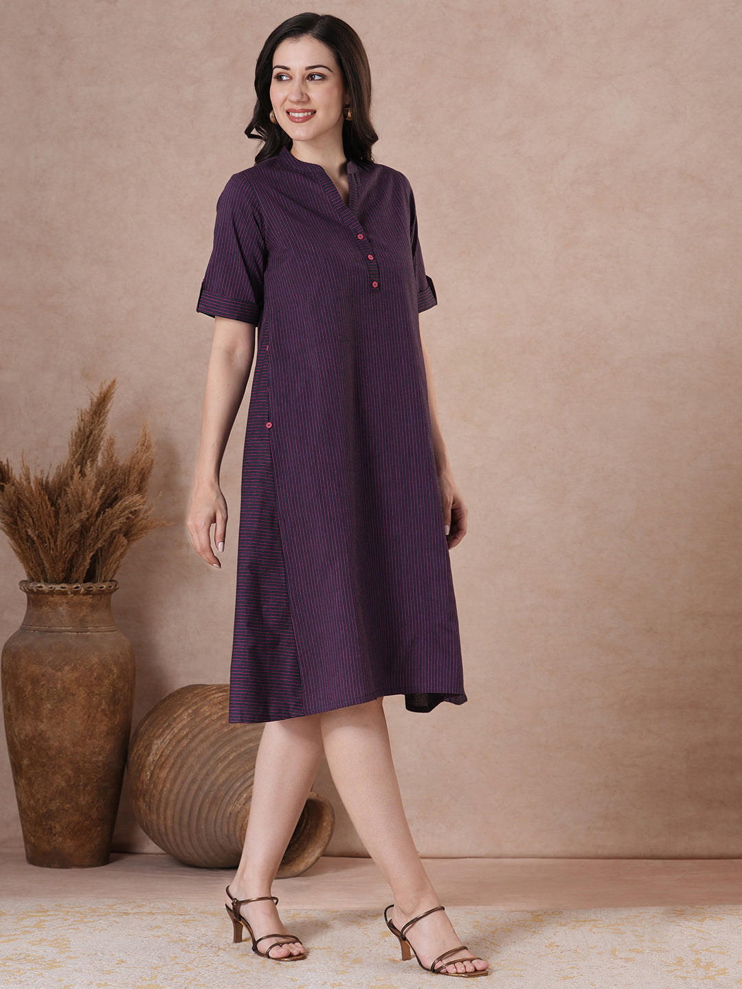 JOYLAND - Cotton striped Tent Fit Shirt Dress with Dual pockets and button accents.