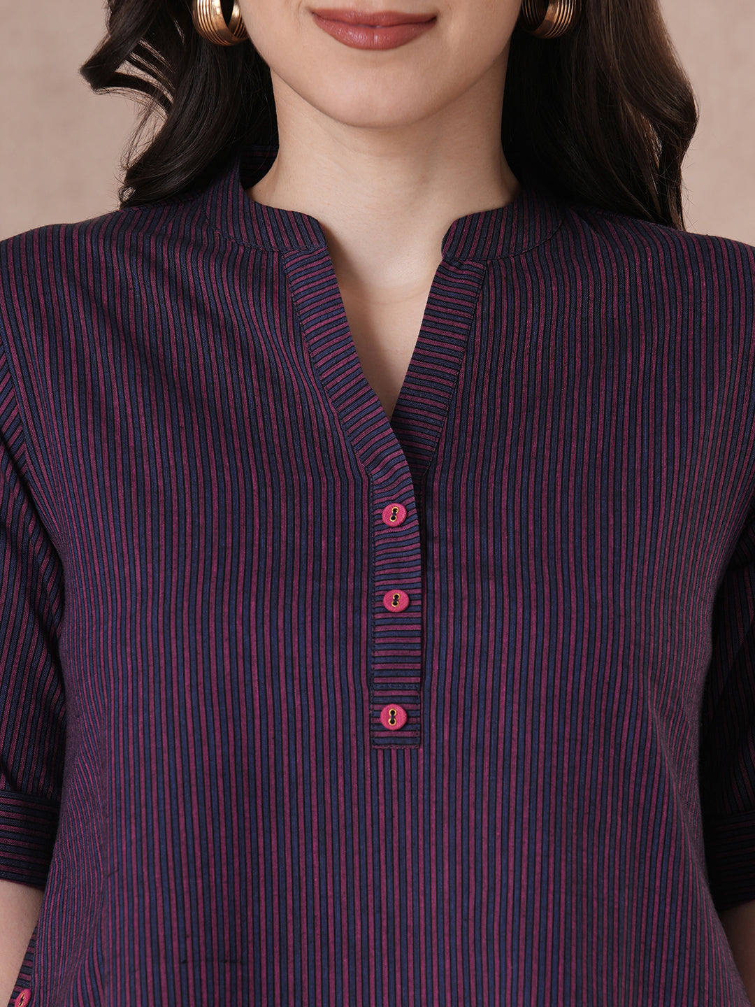 JOYLAND - Cotton striped Tent Fit Shirt Dress with Dual pockets and button accents.