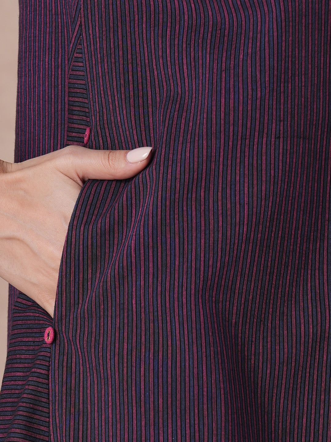 JOYLAND - Cotton striped Tent Fit Shirt Dress with Dual pockets and button accents.