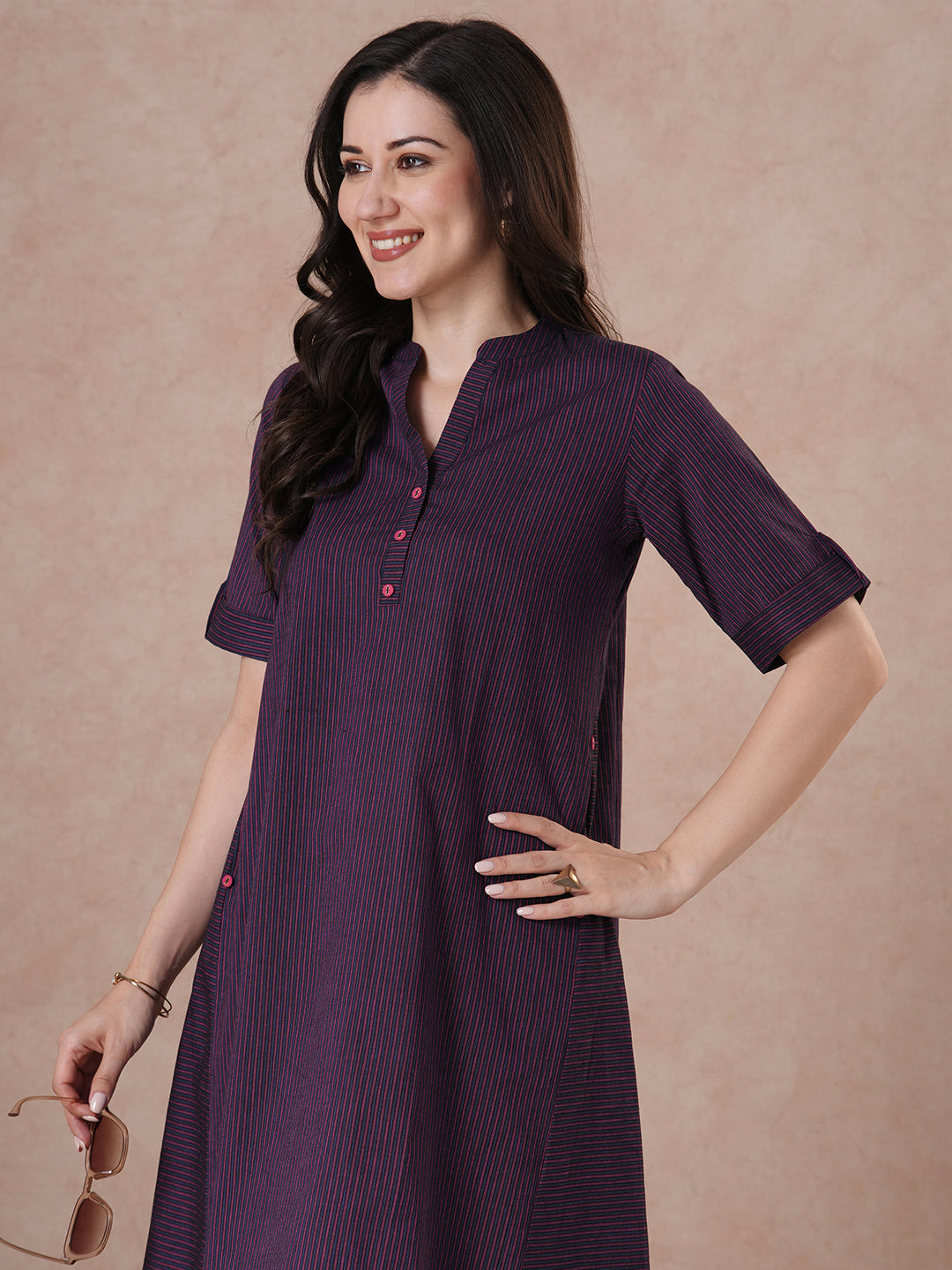 JOYLAND - Cotton striped Tent Fit Shirt Dress with Dual pockets and button accents.