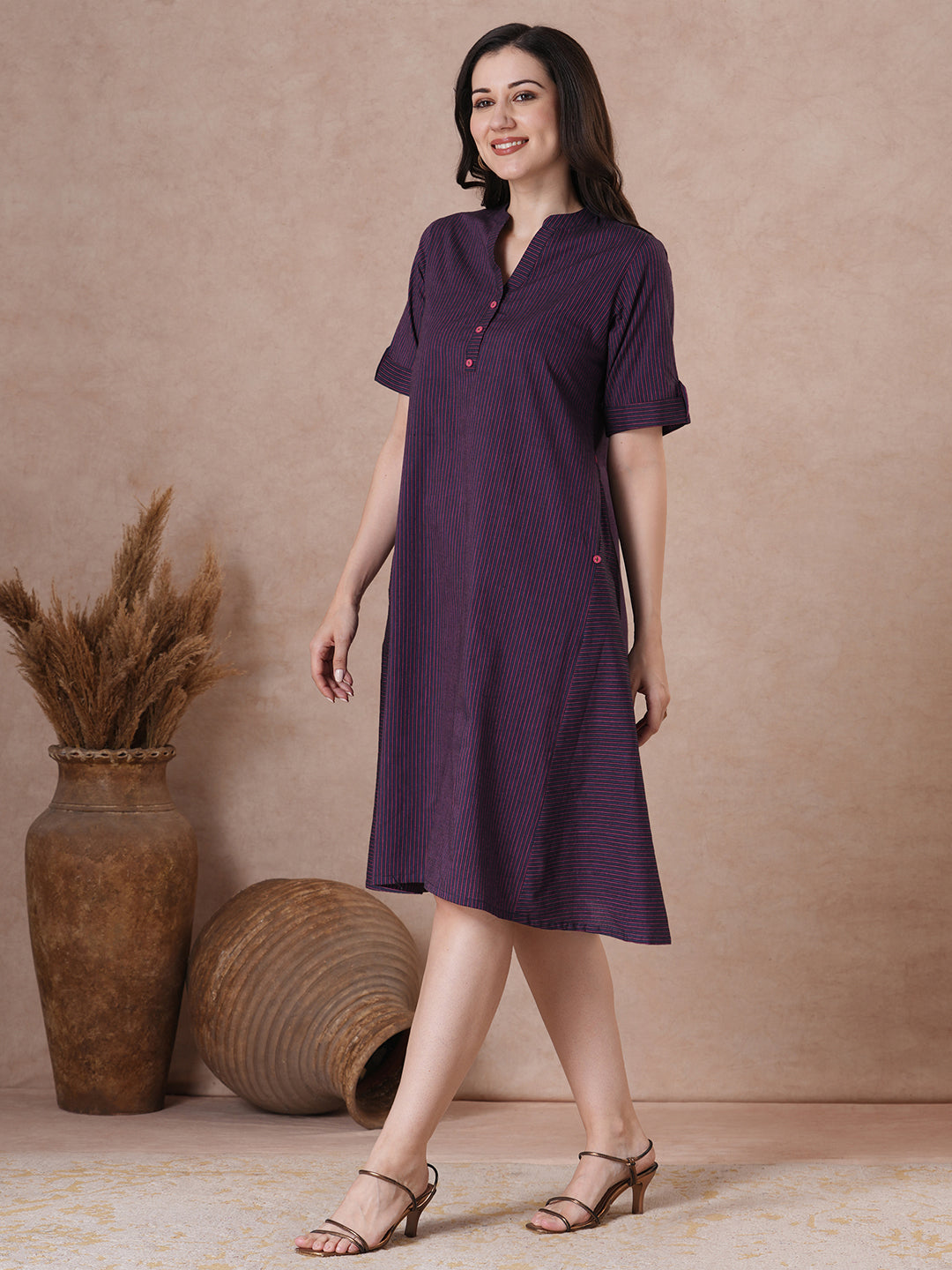 JOYLAND - Cotton striped Tent Fit Shirt Dress with Dual pockets and button accents.