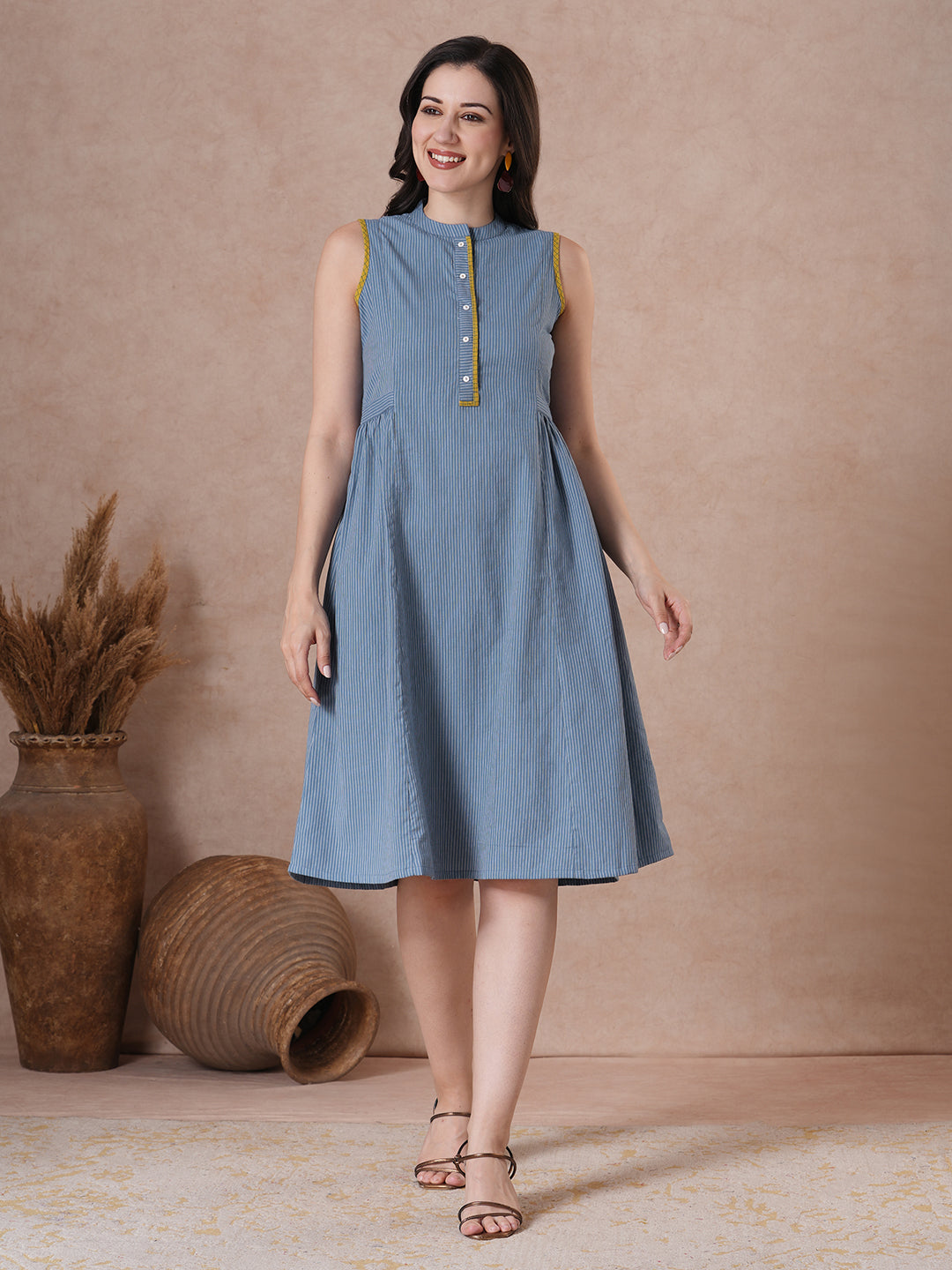 Striped Princess Line stand collar Dress with Contrast Trim.