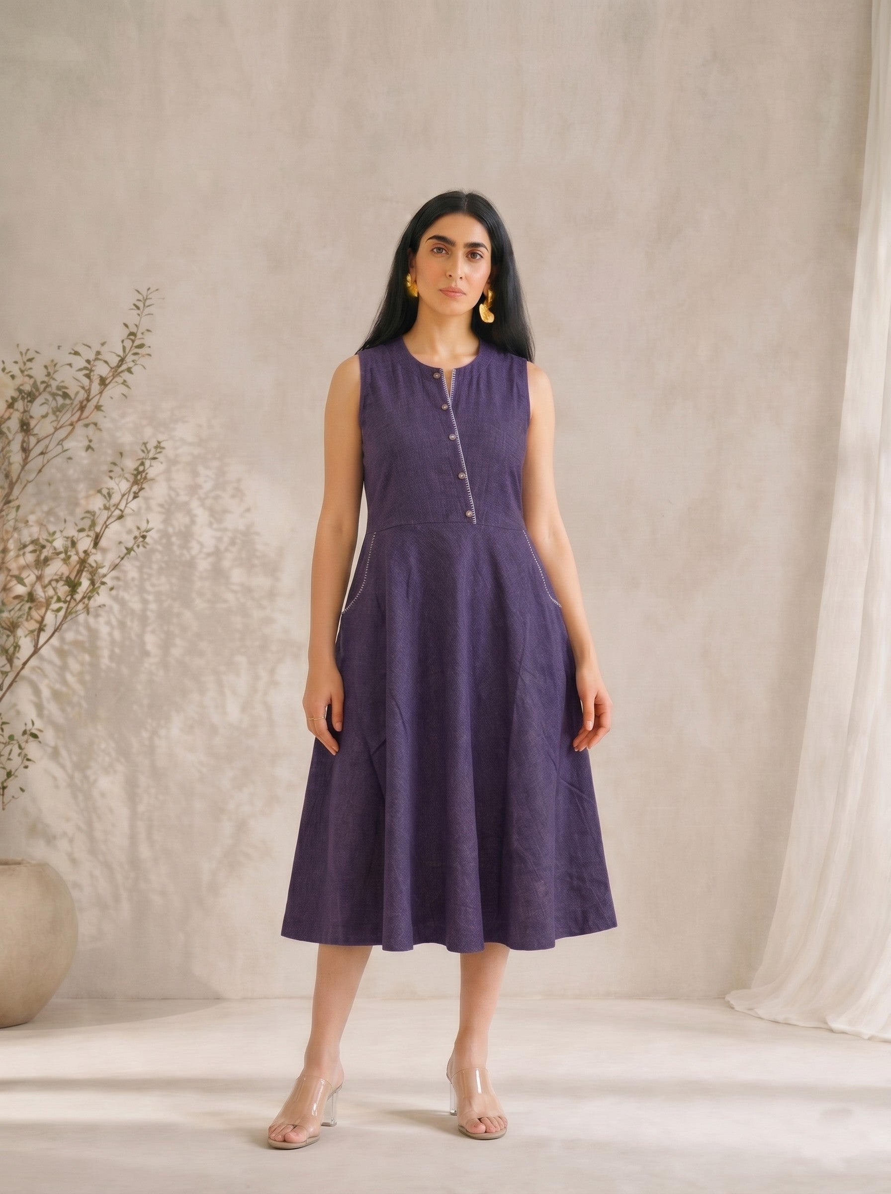 JOYLAND-Bias Fit & Flare Cotton Dress with Asymmetric Placket and Hand worked Pockets.