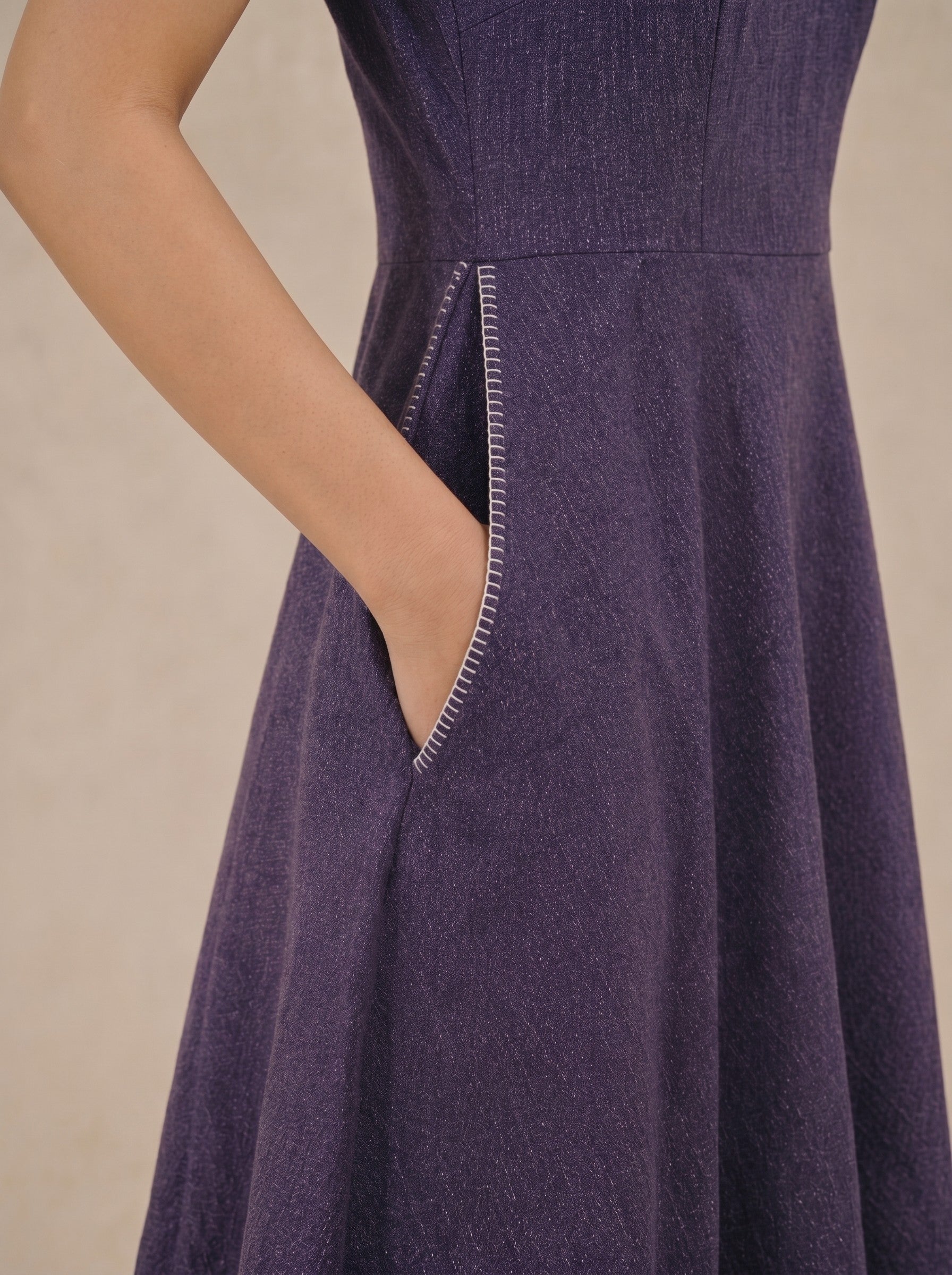 JOYLAND-Bias Fit & Flare Cotton Dress with Asymmetric Placket and Hand worked Pockets.