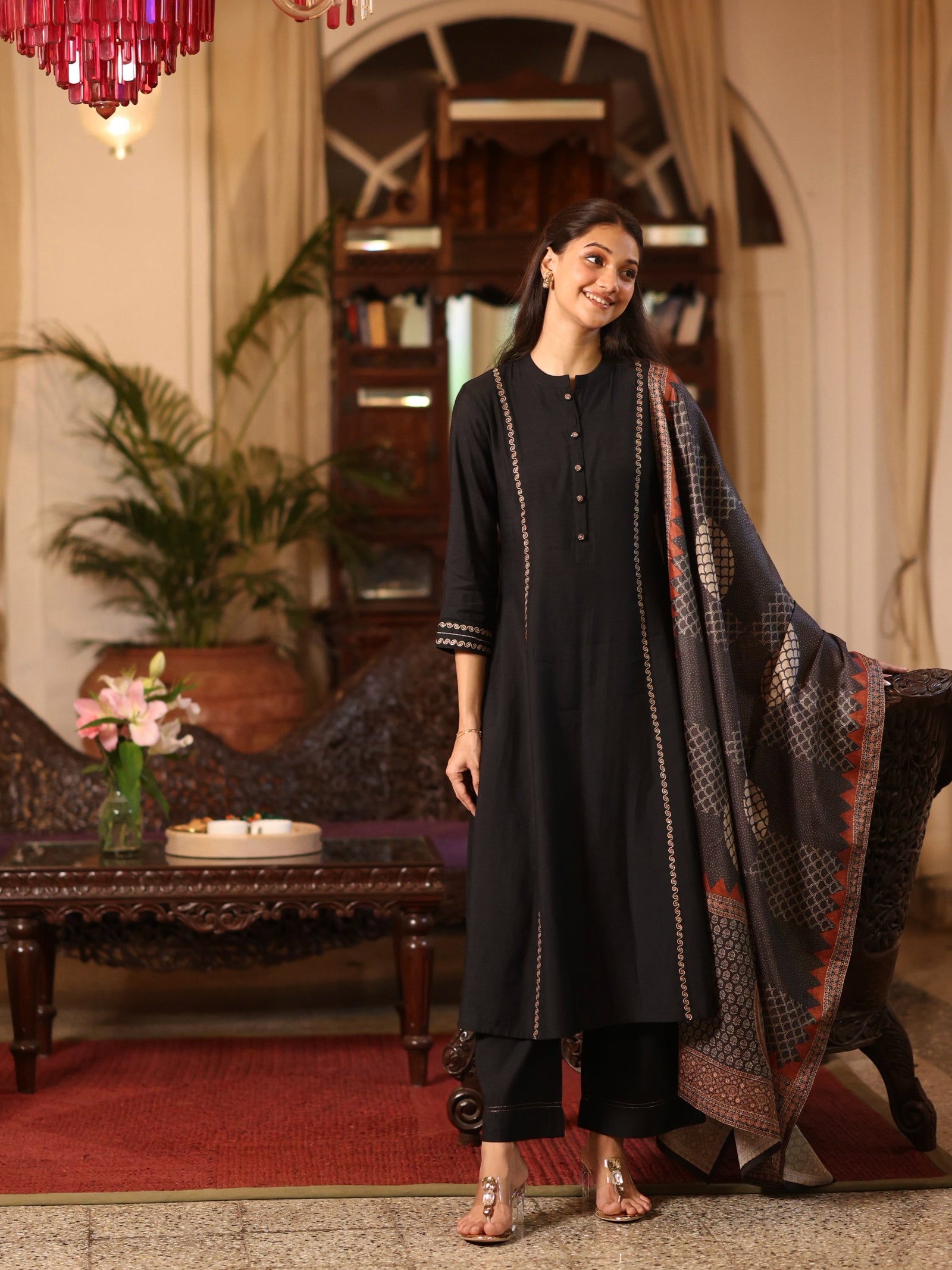 A-Line embroidered silk blend three piece set with an printed dupatta and lined palazzo.