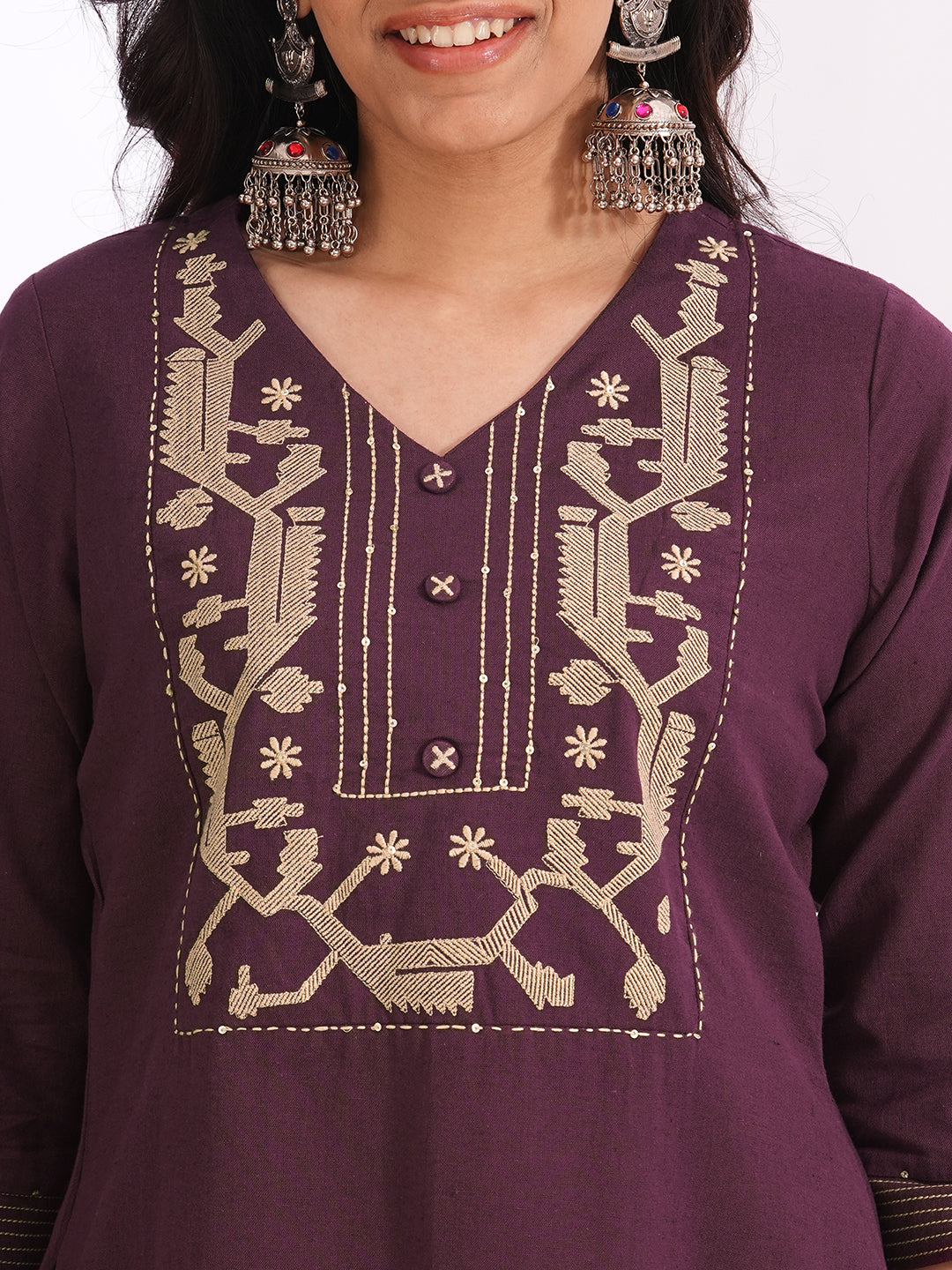 3-piece a-line embroidered suit set with matching straight pants, and a coordinating dupatta.(Purple)