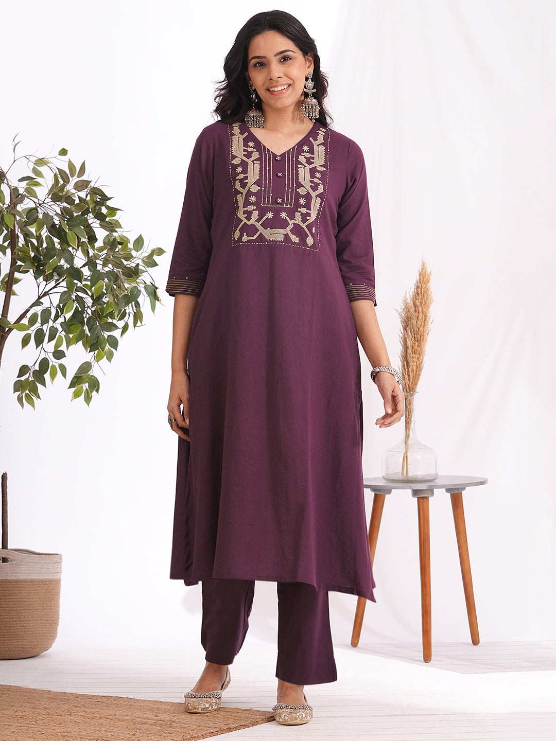 3-piece a-line embroidered suit set with matching straight pants, and a coordinating dupatta.(Purple)