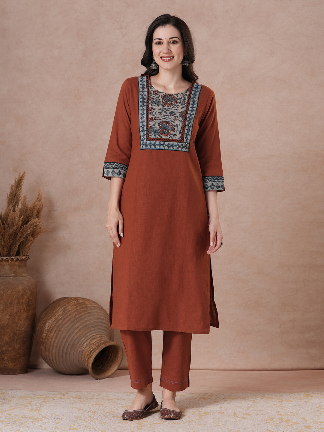 Rust Bagru Printed Yoke Kurta Set with Dual-Tone Dupatta.