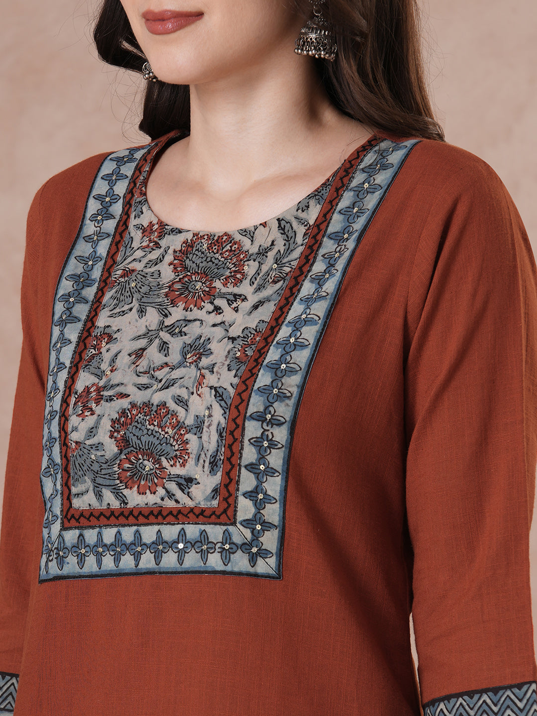Rust Bagru Printed Yoke Kurta Set with Dual-Tone Dupatta.