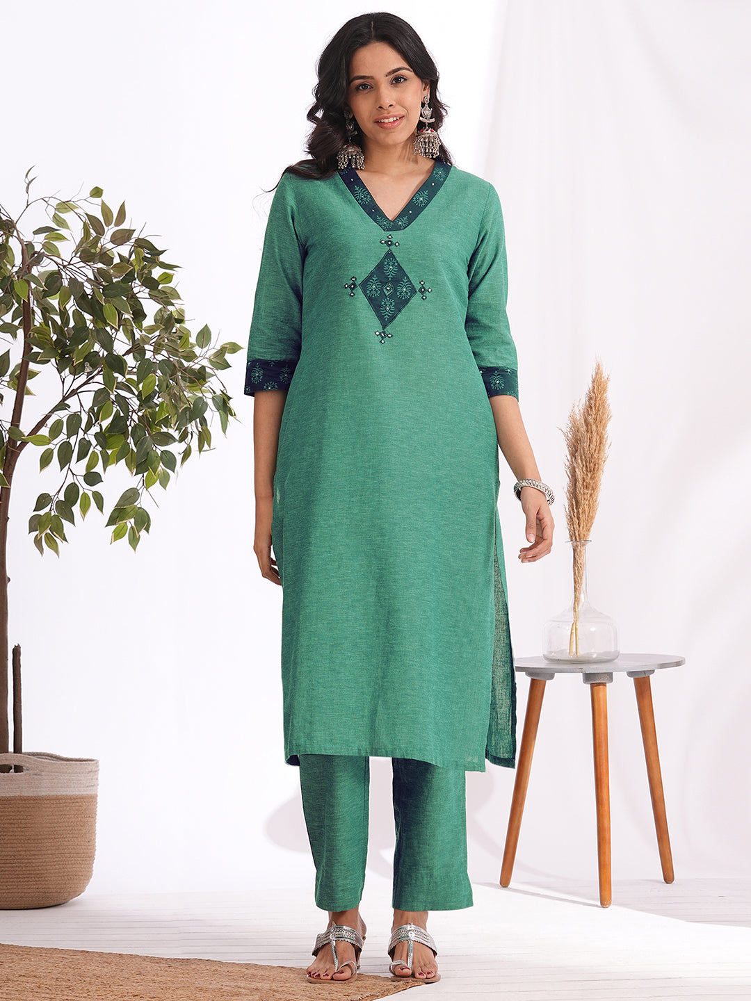 straight fit cotton embroidered suit set with a screen printed dupatta & self bottom.