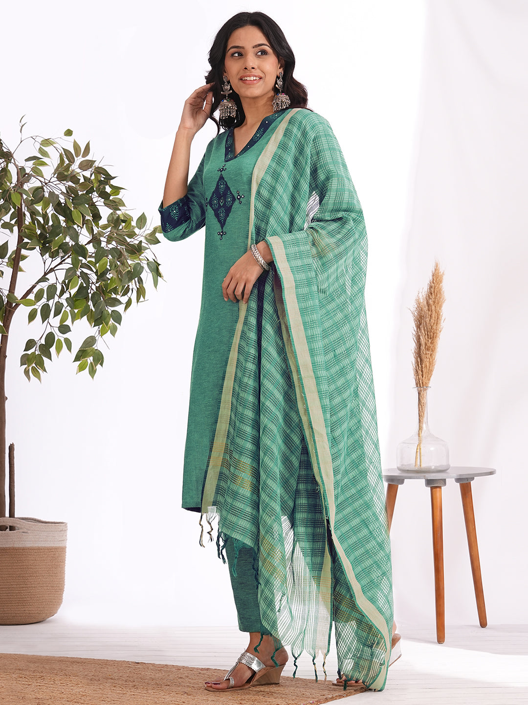 straight fit cotton embroidered suit set with a screen printed dupatta & self bottom.