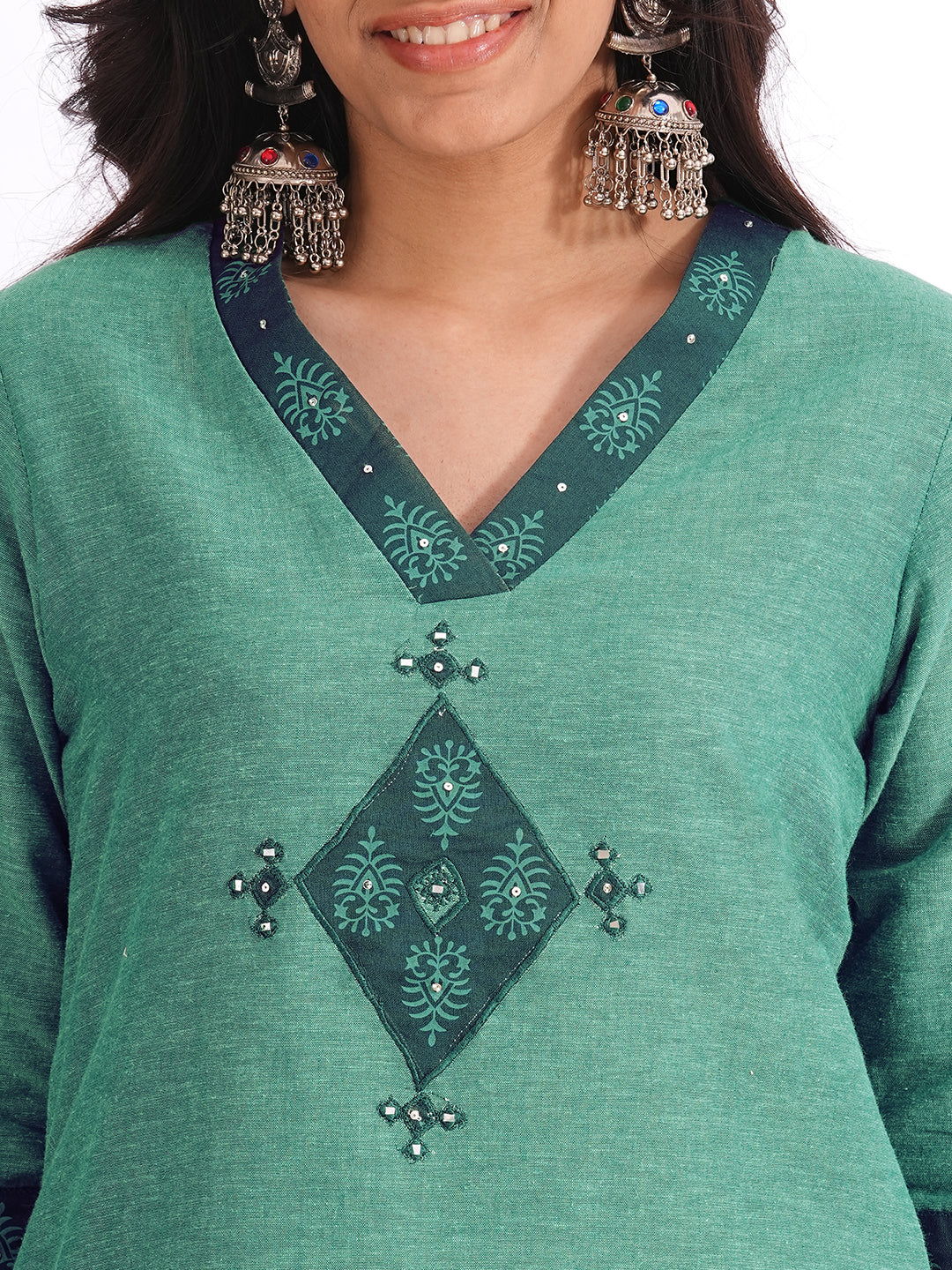 straight fit cotton embroidered suit set with a screen printed dupatta & self bottom.