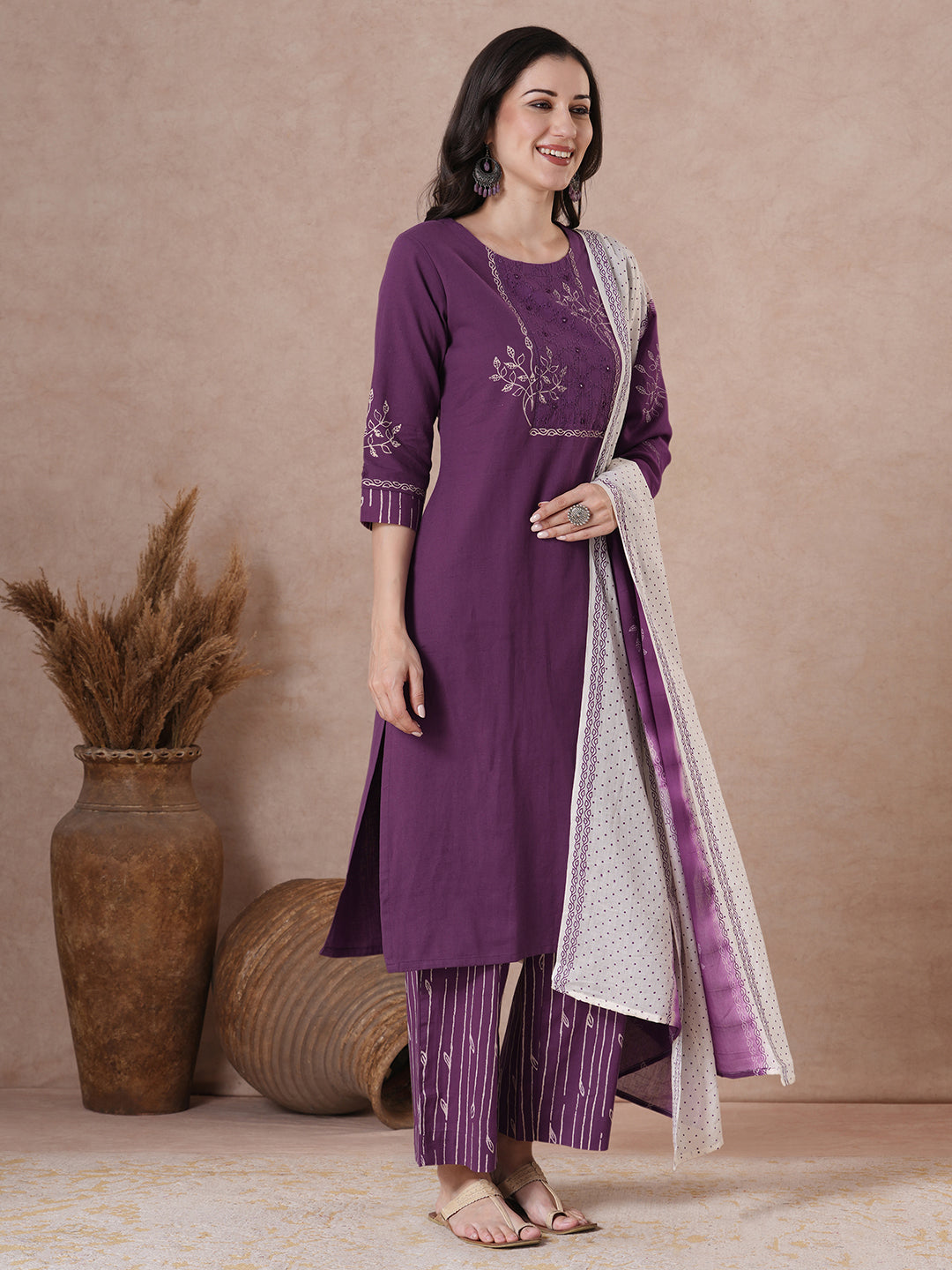 Plum Block Printed Kurta Set with Palazzo & Dupatta.
