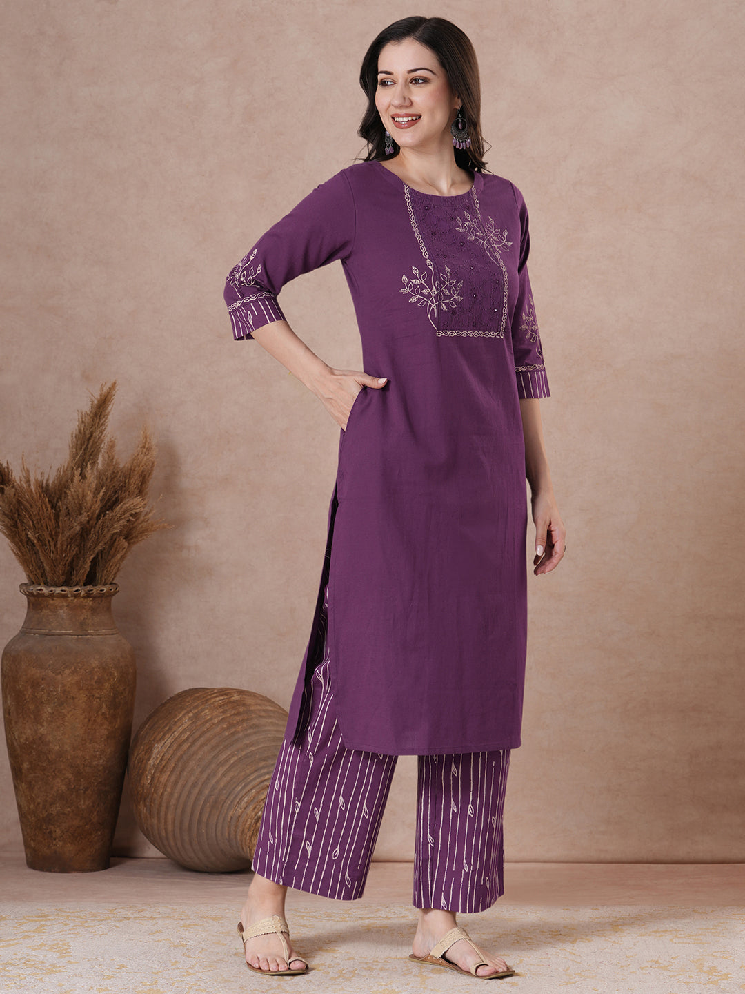 Plum Block Printed Kurta Set with Palazzo & Dupatta.