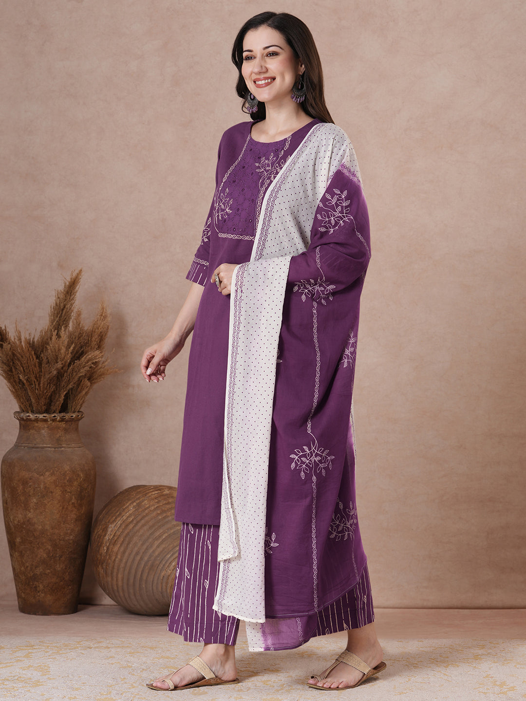Plum Block Printed Kurta Set with Palazzo & Dupatta.