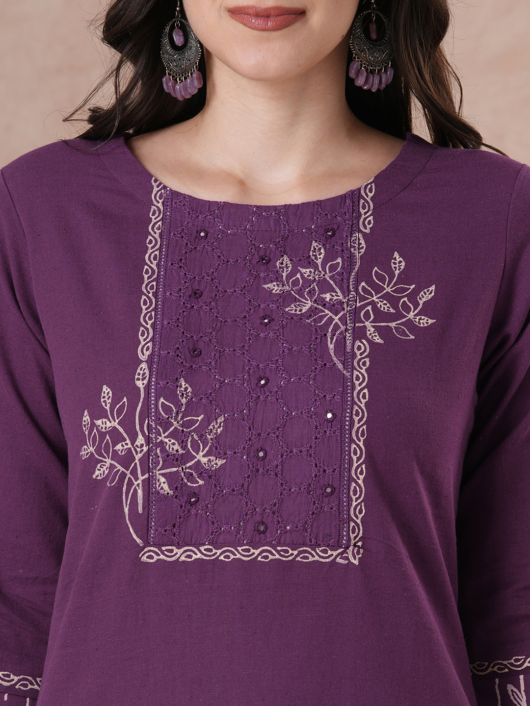 Plum Block Printed Kurta Set with Palazzo & Dupatta.