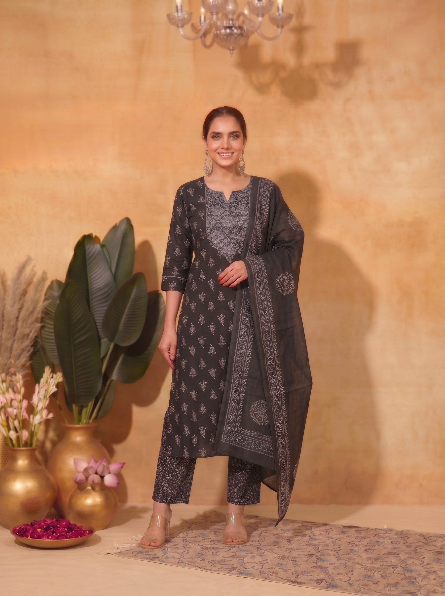 Printed Cotton Lace Detailed Straight Fit Kurta Suit Set with Mirror Work & Block Print Dupatta.