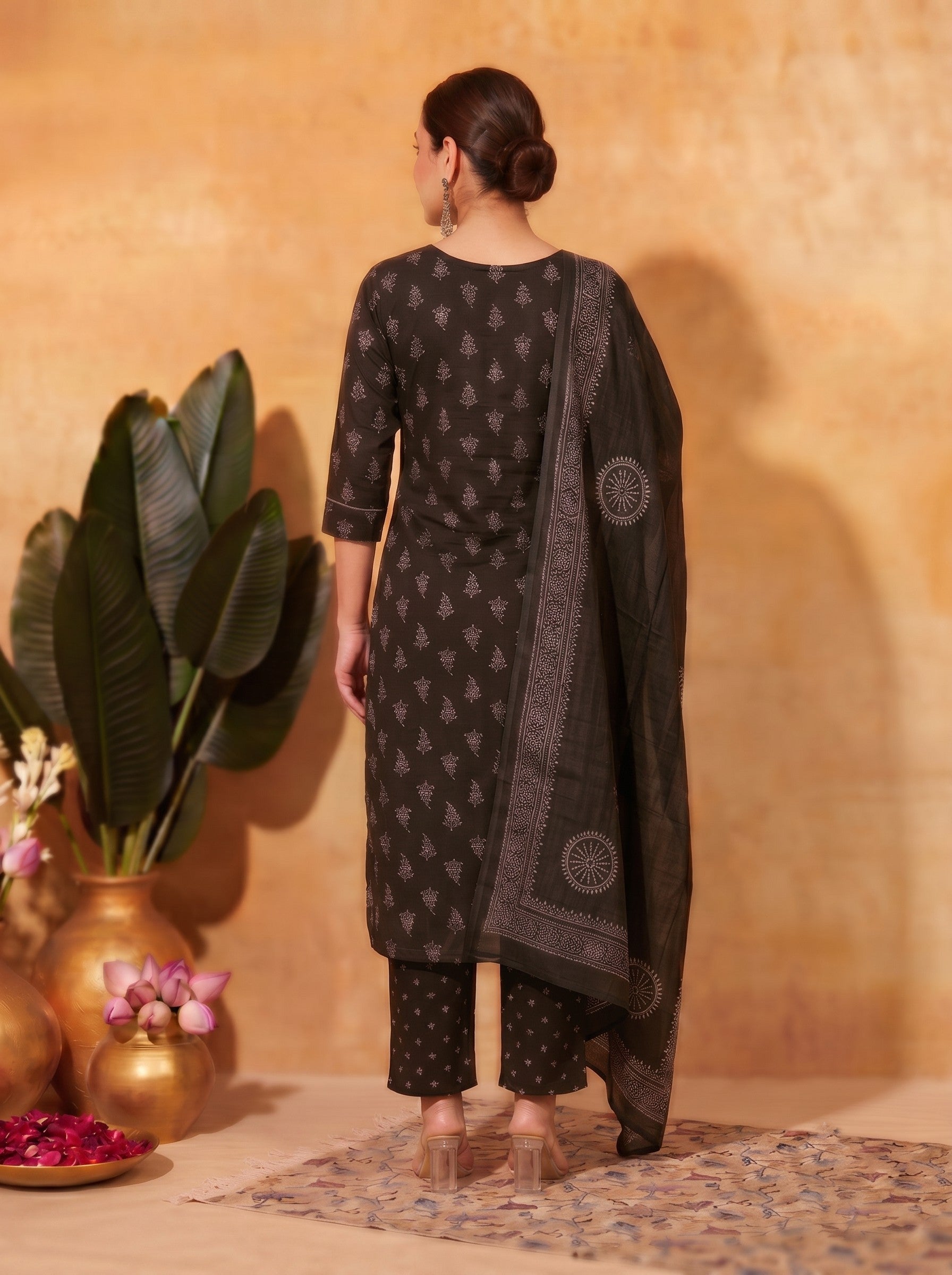 Printed Cotton Lace Detailed Straight Fit Kurta Suit Set with Mirror Work & Block Print Dupatta.