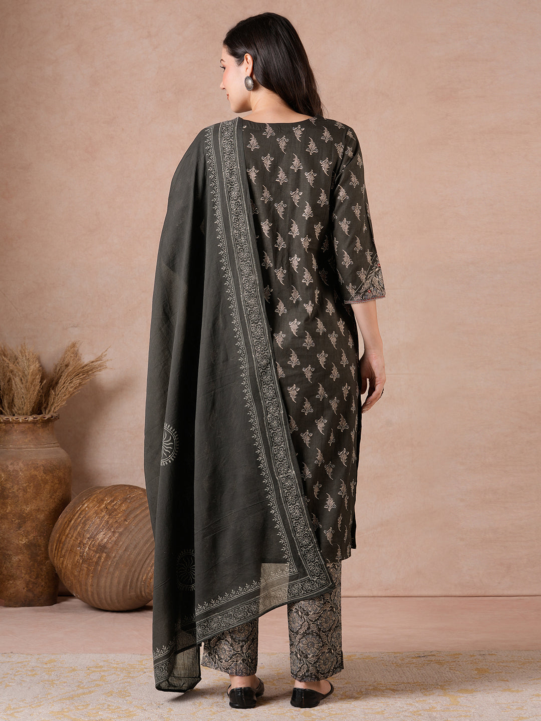 Printed Cotton Lace Detailed Straight Fit Kurta Suit Set with Mirror Work & Block Print Dupatta.
