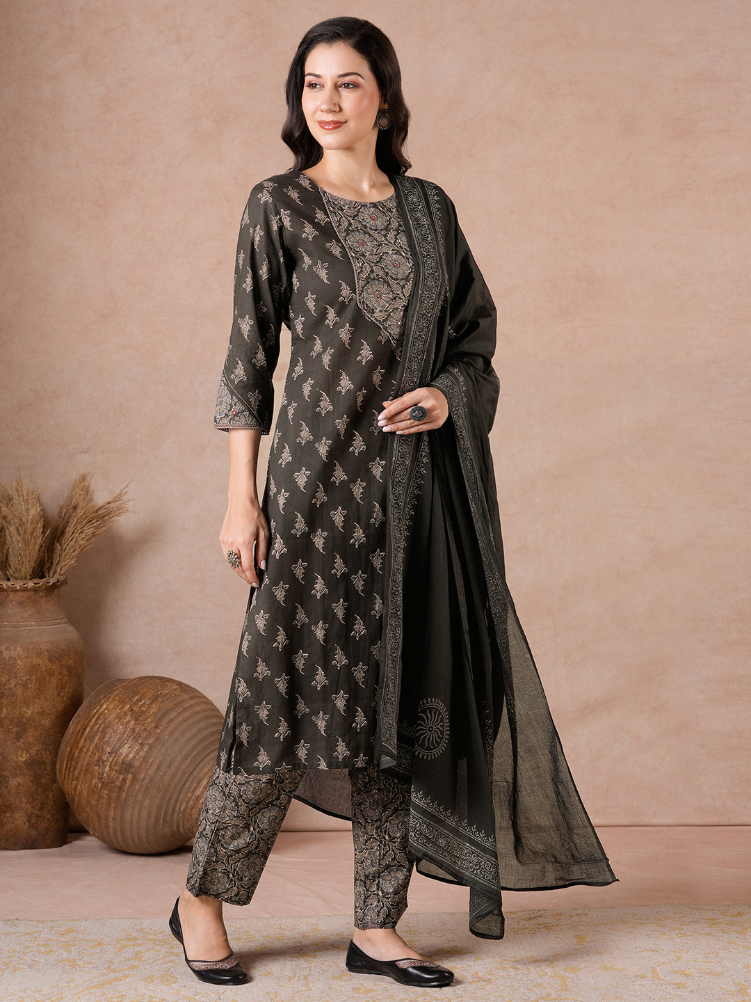 Printed Cotton Lace Detailed Straight Fit Kurta Suit Set with Mirror Work & Block Print Dupatta.