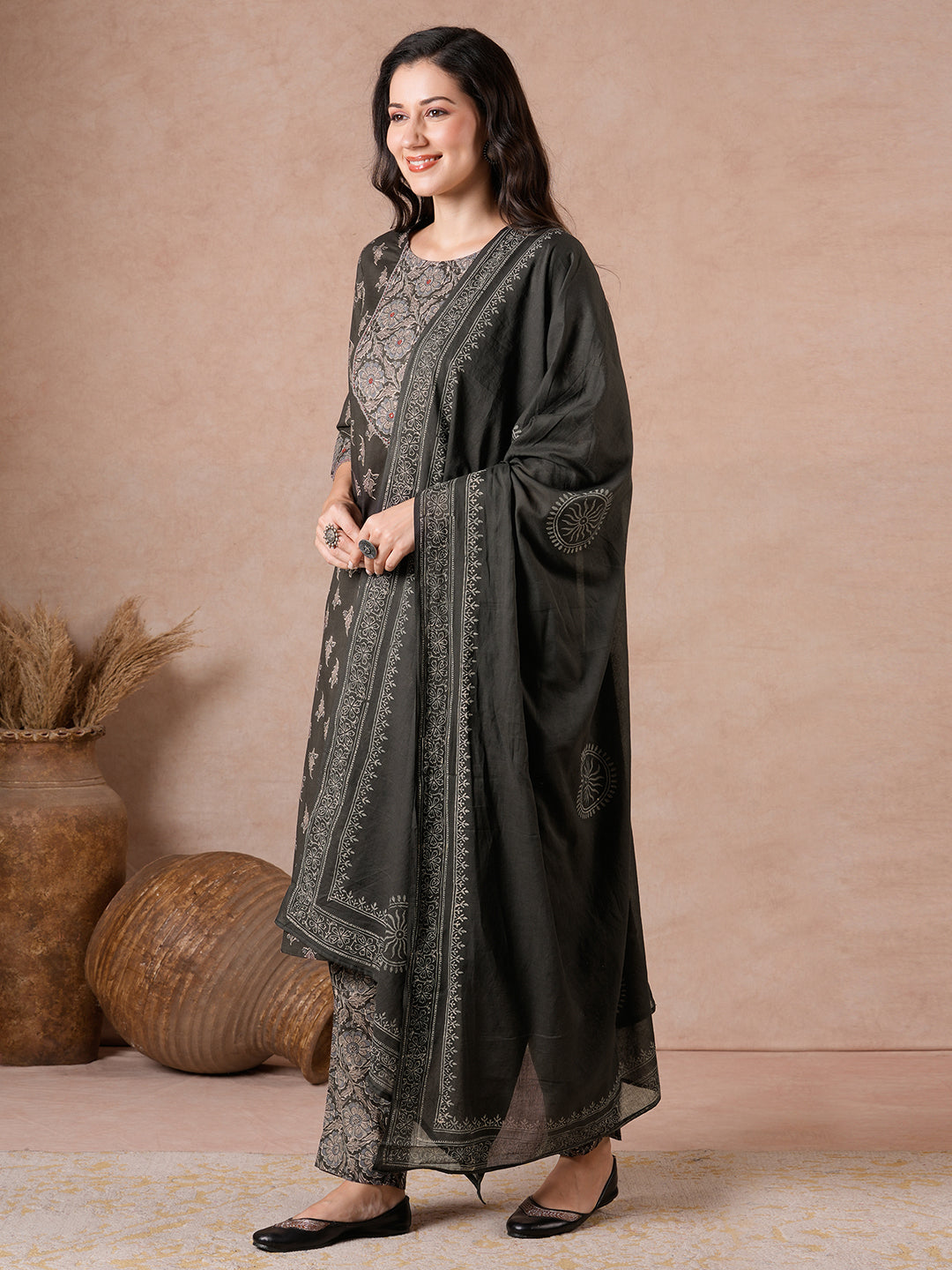 Printed Cotton Lace Detailed Straight Fit Kurta Suit Set with Mirror Work & Block Print Dupatta.