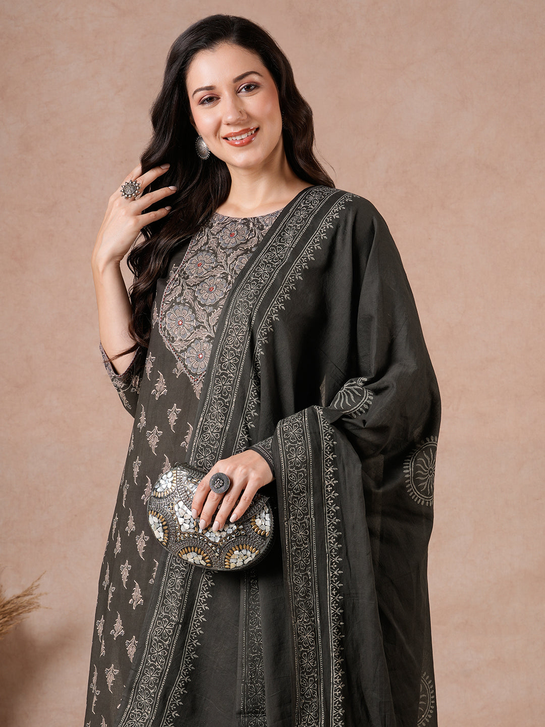 Printed Cotton Lace Detailed Straight Fit Kurta Suit Set with Mirror Work & Block Print Dupatta.