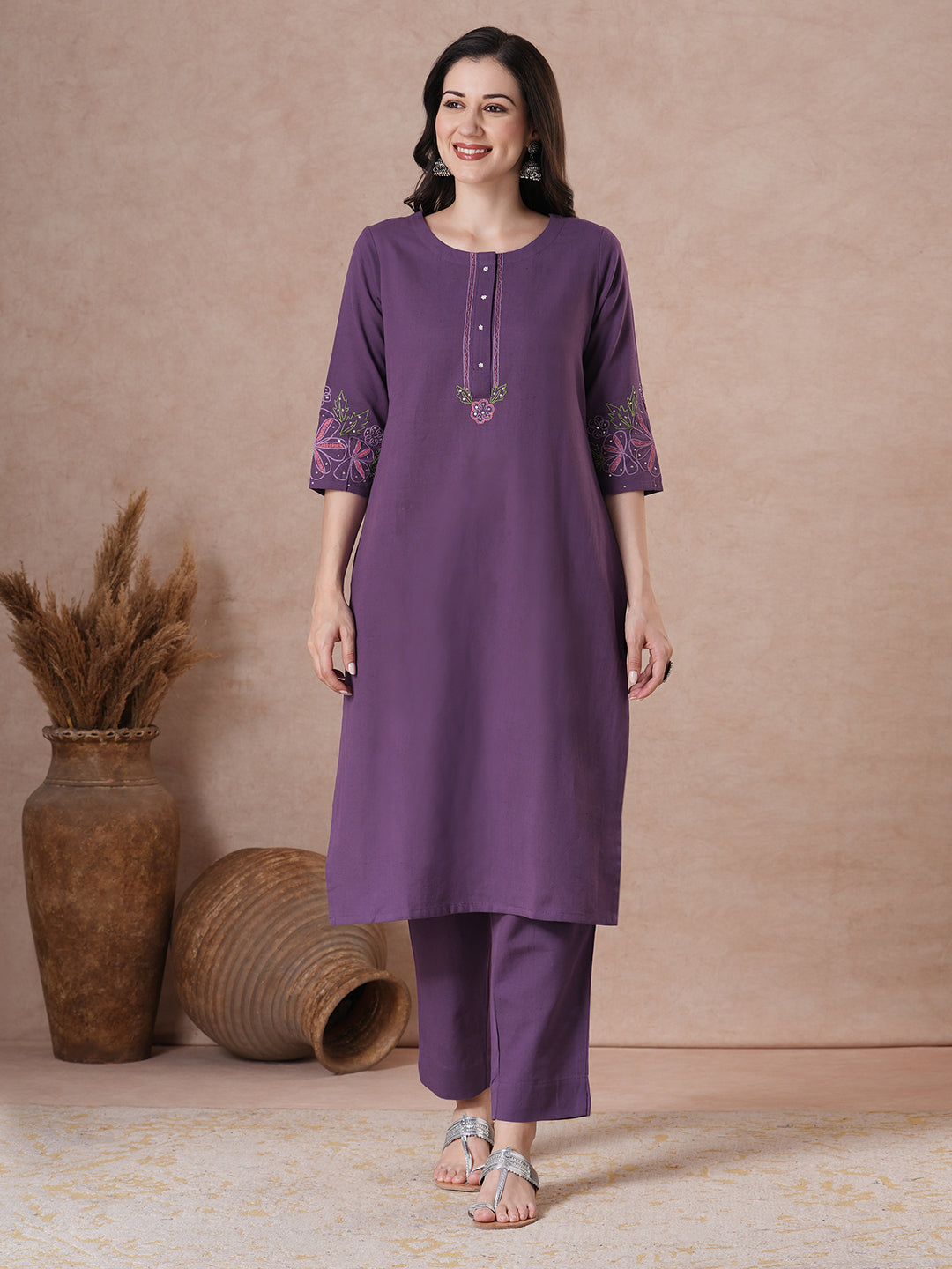 Purple Floral Embroidered Kurta Set with elegant wavy border Dupatta.