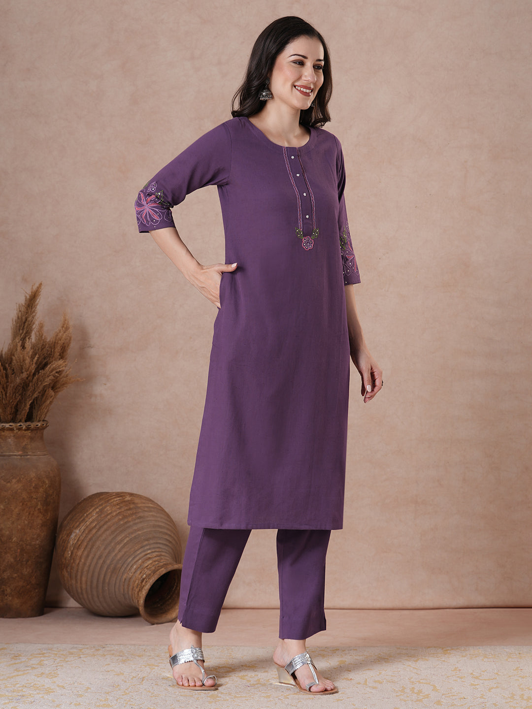 Purple Floral Embroidered Kurta Set with elegant wavy border Dupatta.