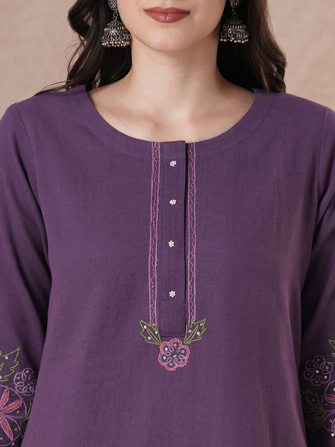 Purple Floral Embroidered Kurta Set with elegant wavy border Dupatta.