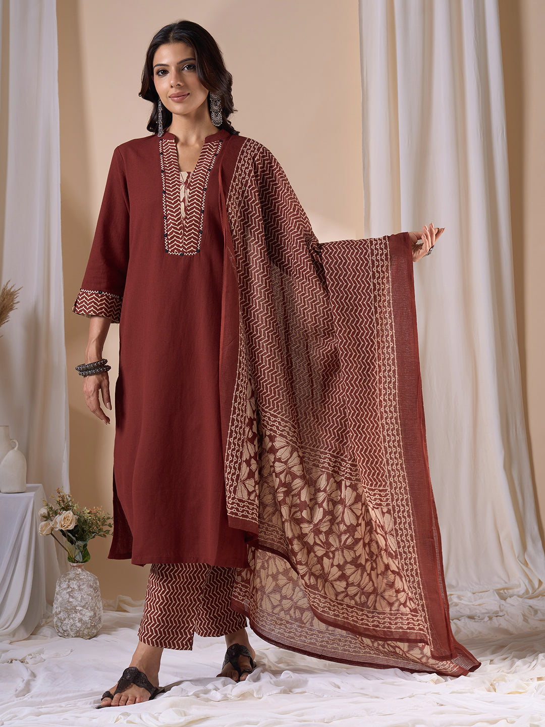 Straight Fit 3-Piece Kurta Suit Set with Subtle Handwork, Printed Bottom & Coordinated Dupatta.