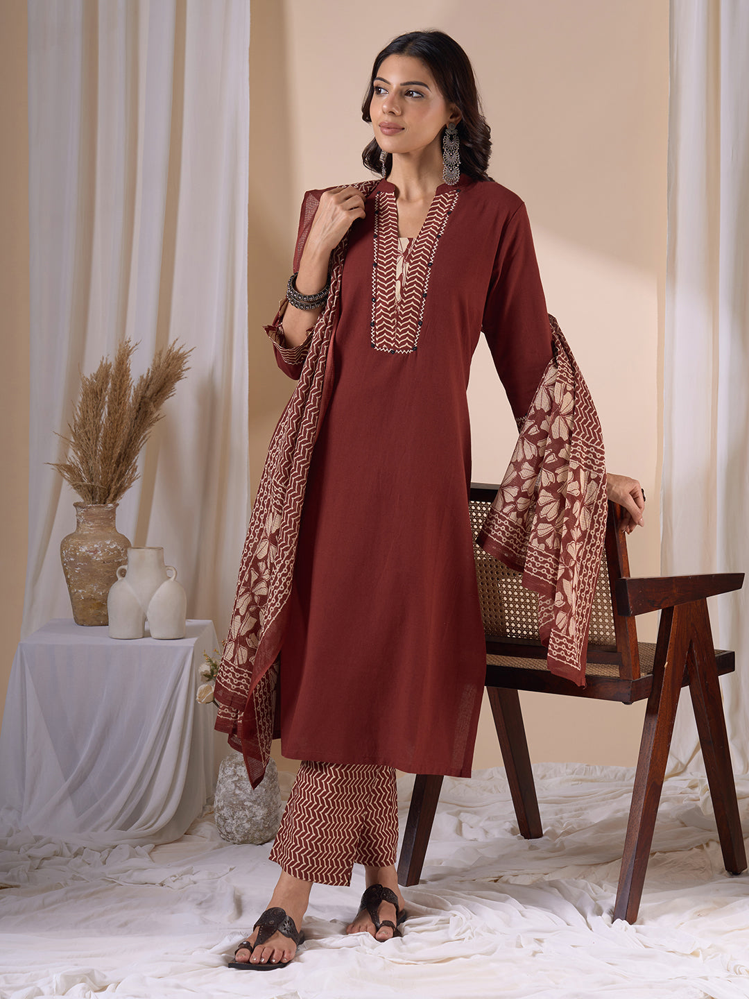 Straight Fit 3-Piece Kurta Suit Set with Subtle Handwork, Printed Bottom & Coordinated Dupatta.
