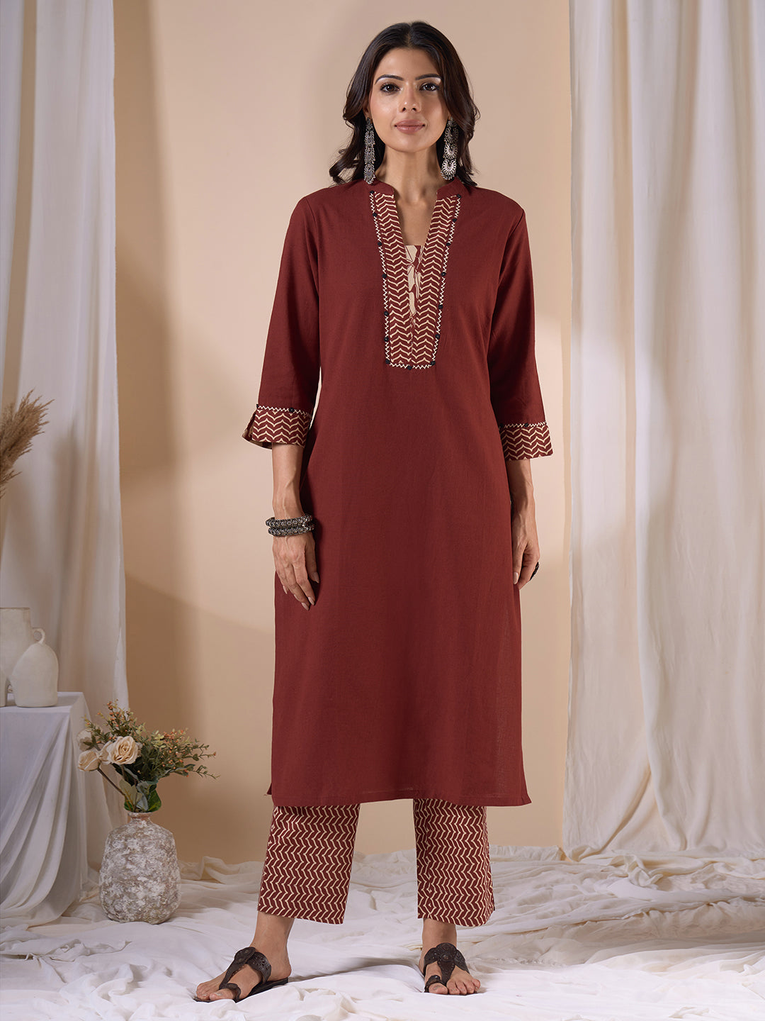 Straight Fit 3-Piece Kurta Suit Set with Subtle Handwork, Printed Bottom & Coordinated Dupatta.