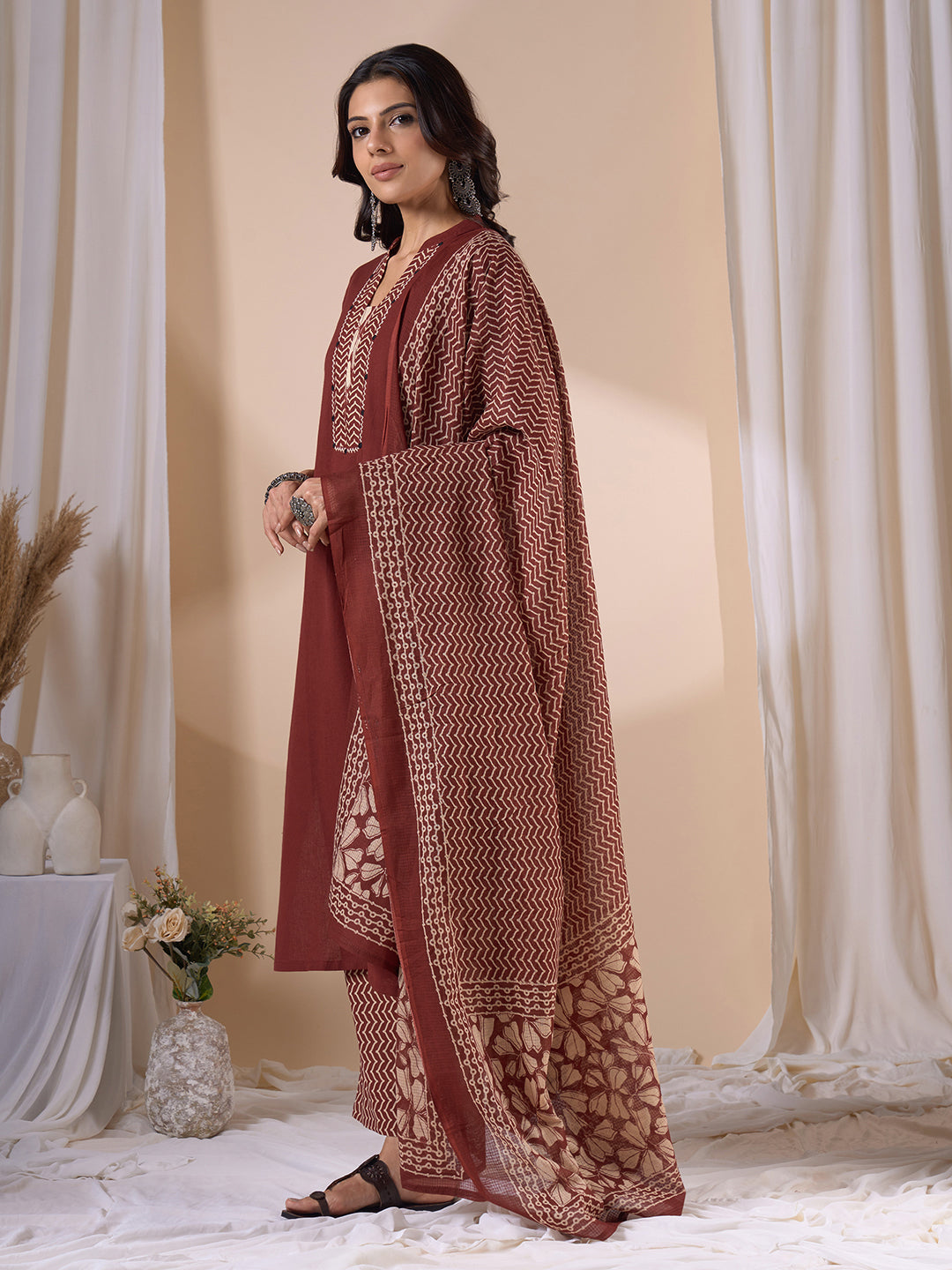Straight Fit 3-Piece Kurta Suit Set with Subtle Handwork, Printed Bottom & Coordinated Dupatta.