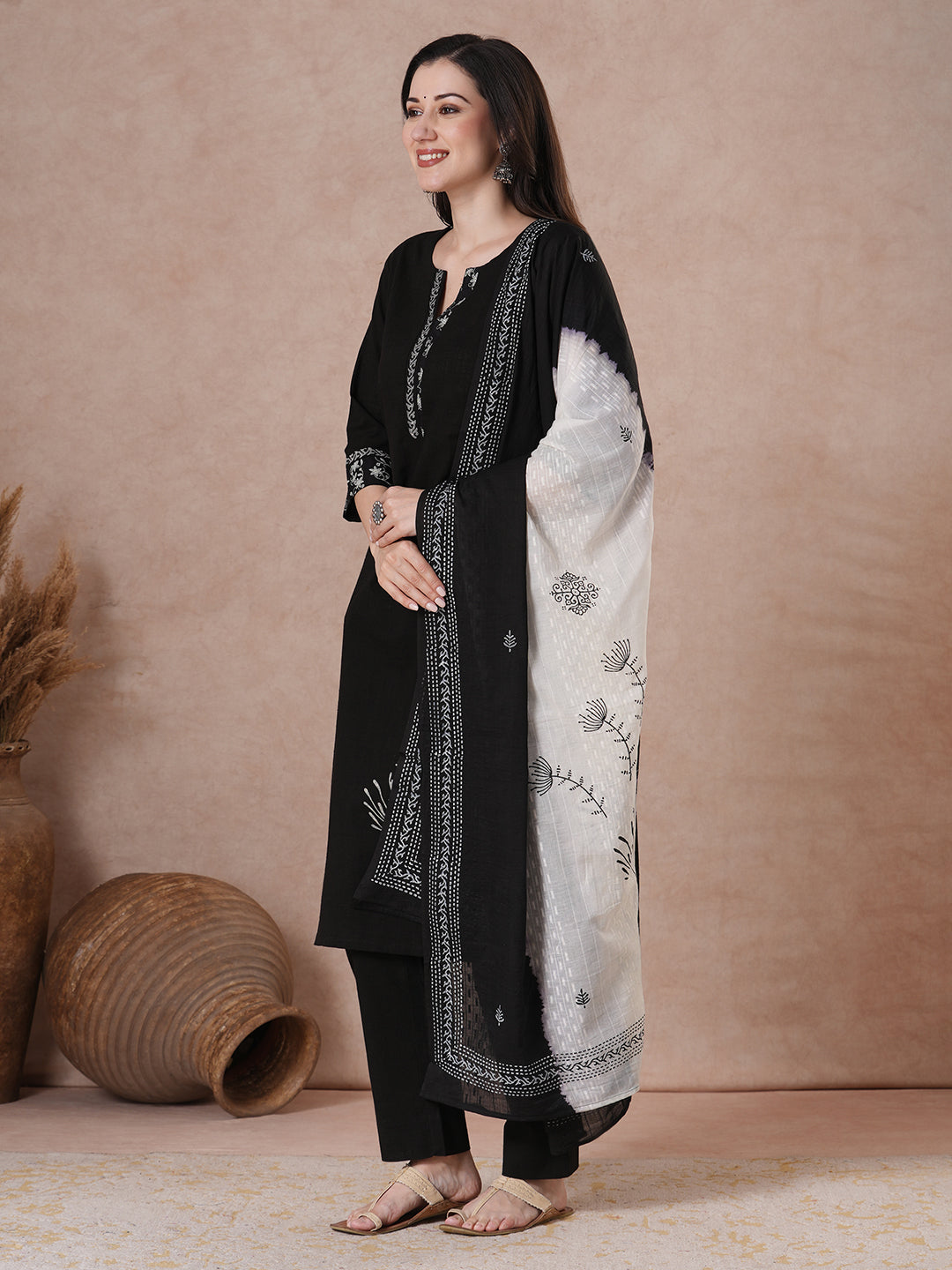 Elegant Black Cotton Straight Fit Kurta Set with Hand Block Print, Dobby Printed Dupatta and Coordinated Solid Pants