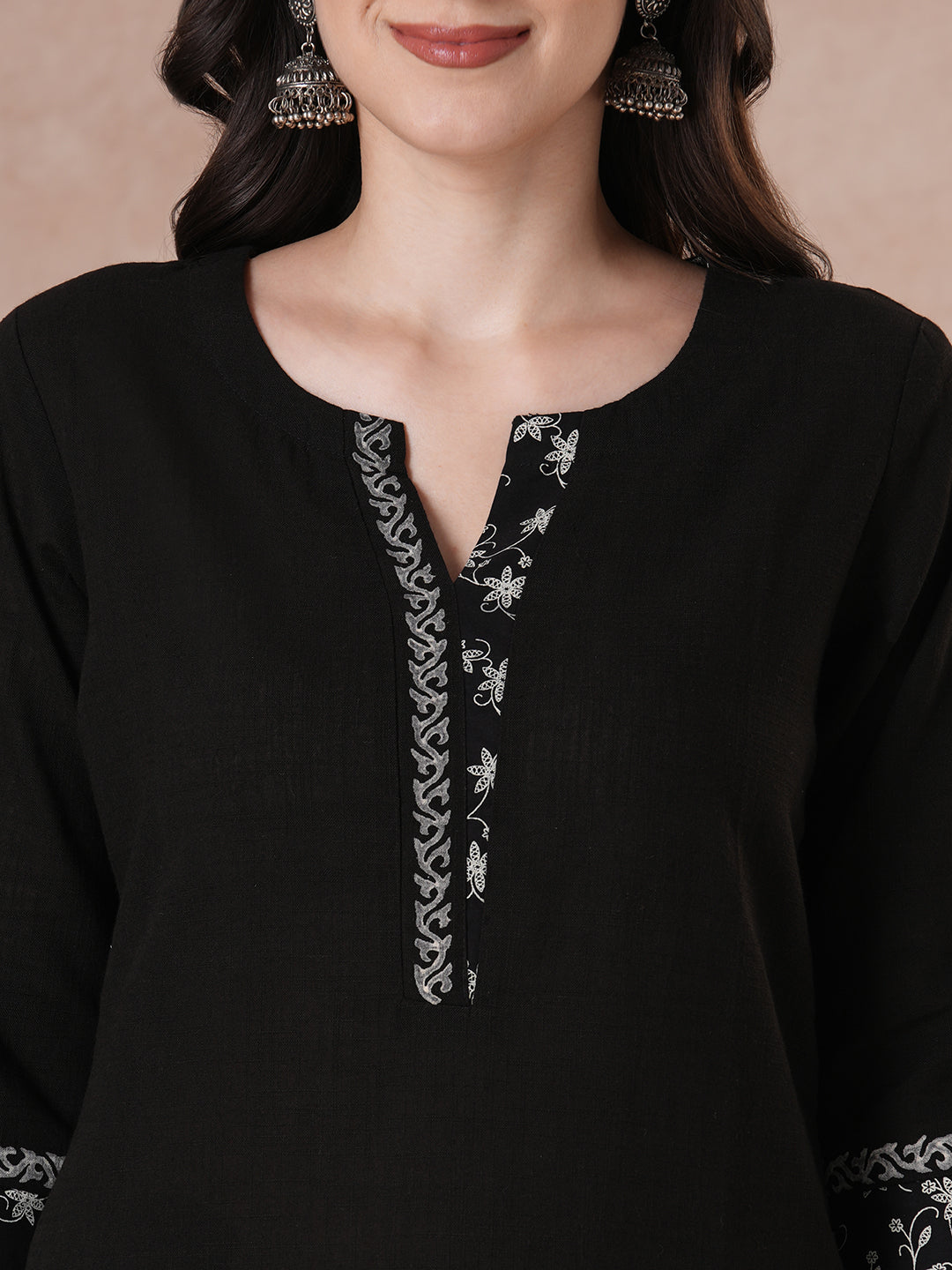 Elegant Black Cotton Straight Fit Kurta Set with Hand Block Print, Dobby Printed Dupatta and Coordinated Solid Pants