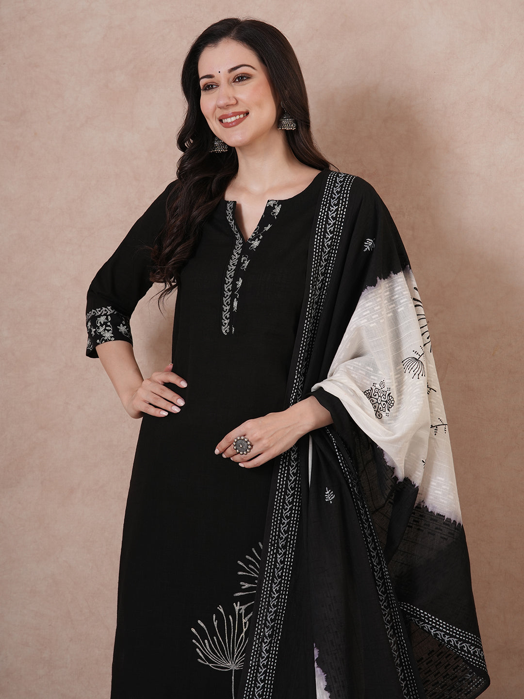 Elegant Black Cotton Straight Fit Kurta Set with Hand Block Print, Dobby Printed Dupatta and Coordinated Solid Pants