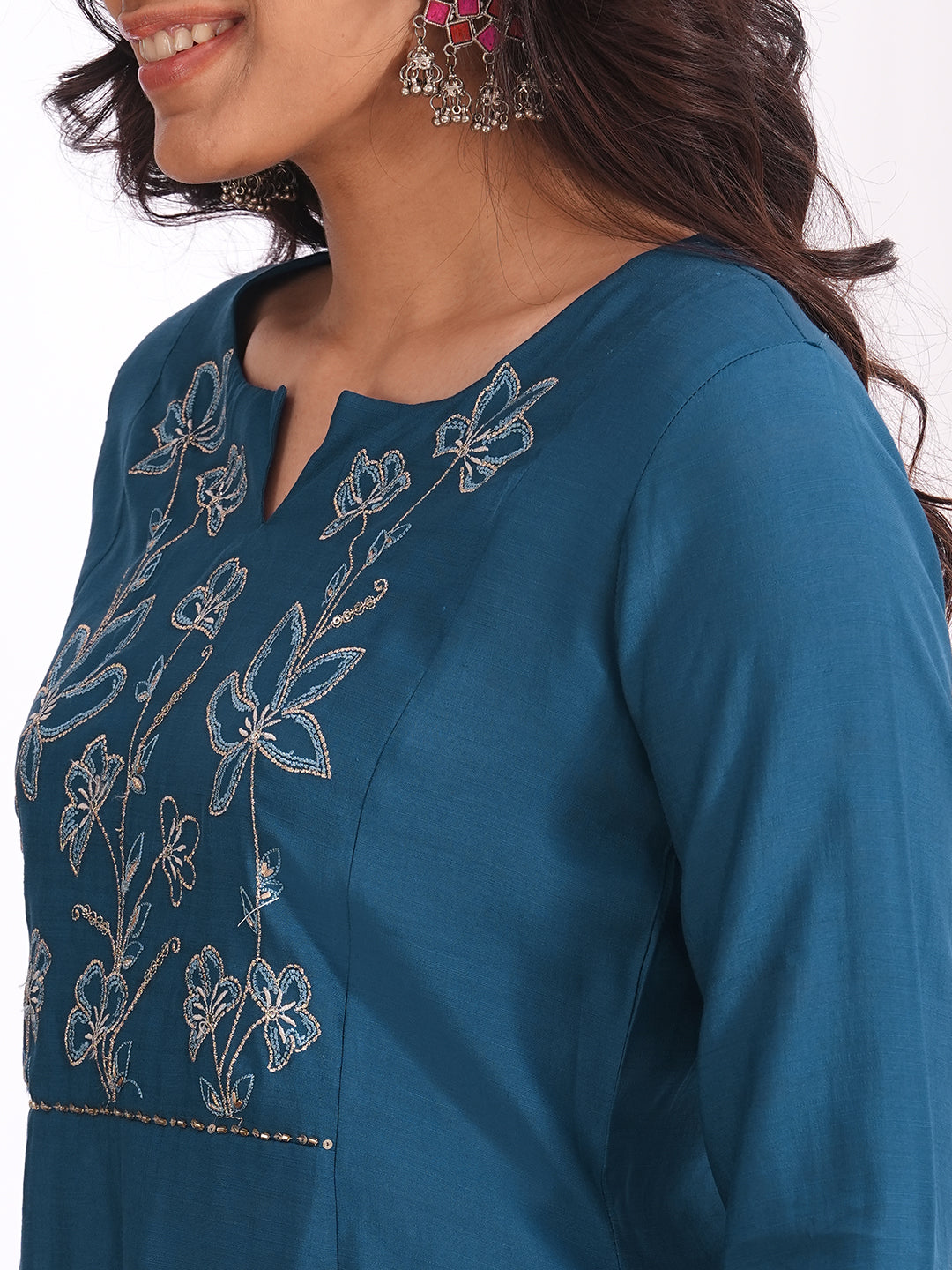 Pocketed A-line kurta in art silk fabric with zari and thread embroidery