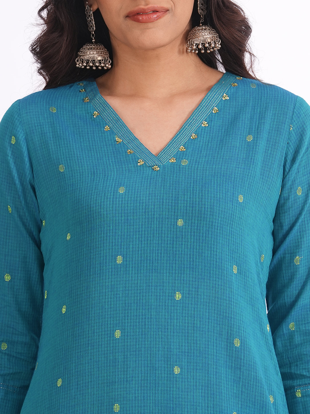 Straight fit textured cotton kurta with woven Zari dots and hand embroidery detailing