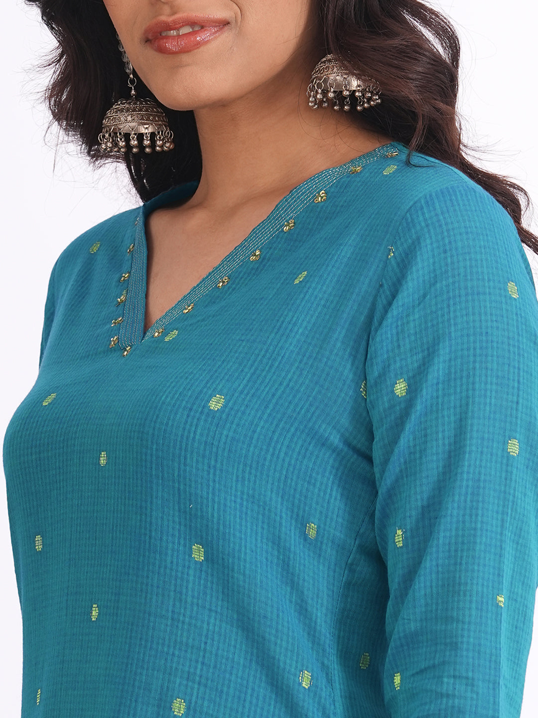Straight fit textured cotton kurta with woven Zari dots and hand embroidery detailing