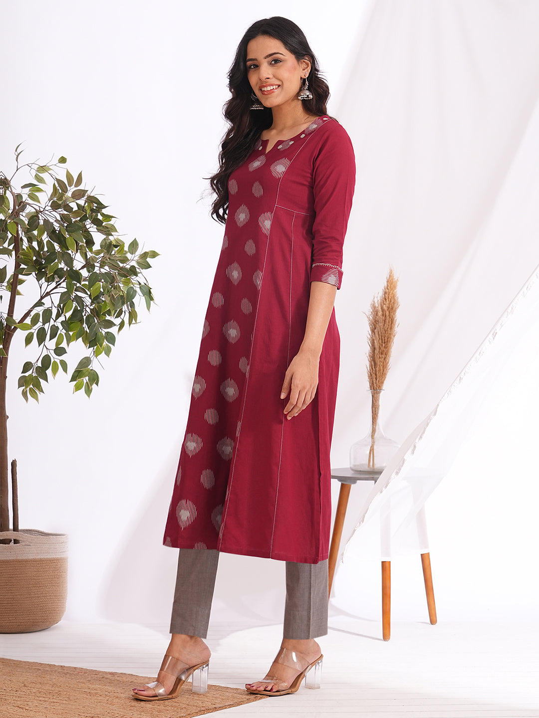 Pocketed A-line cotton kurta with a printed centre panel and hand work detailing (Maroon)