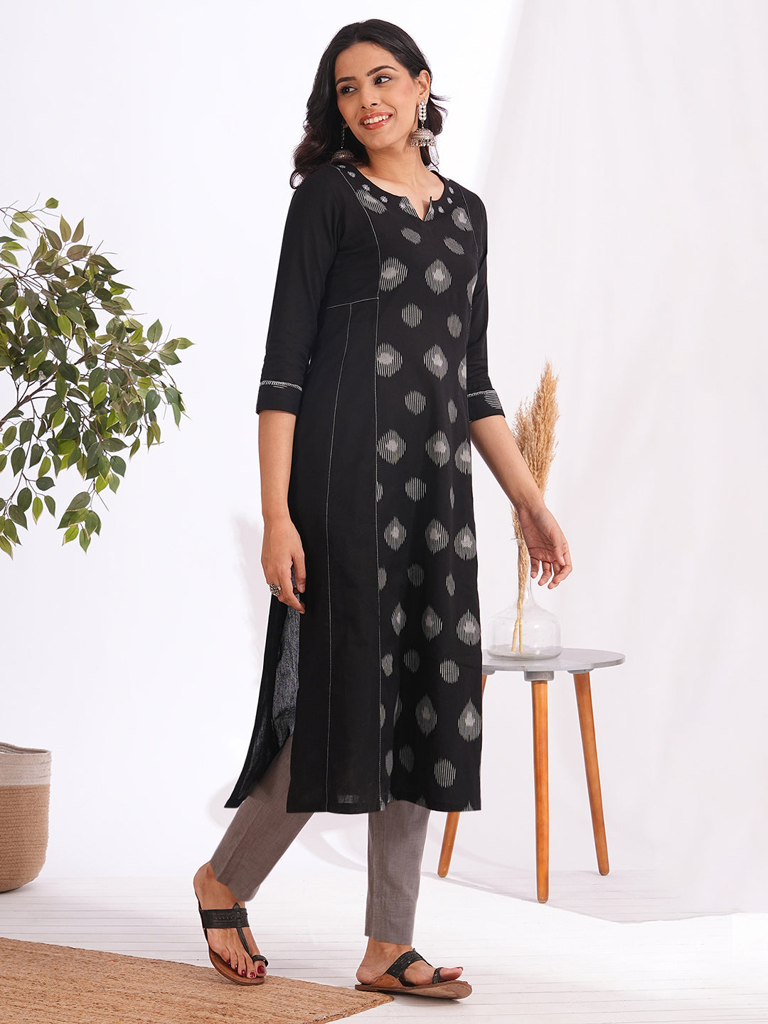 Pocketed A-line cotton kurta with a printed centre panel and hand work detailing (Black)