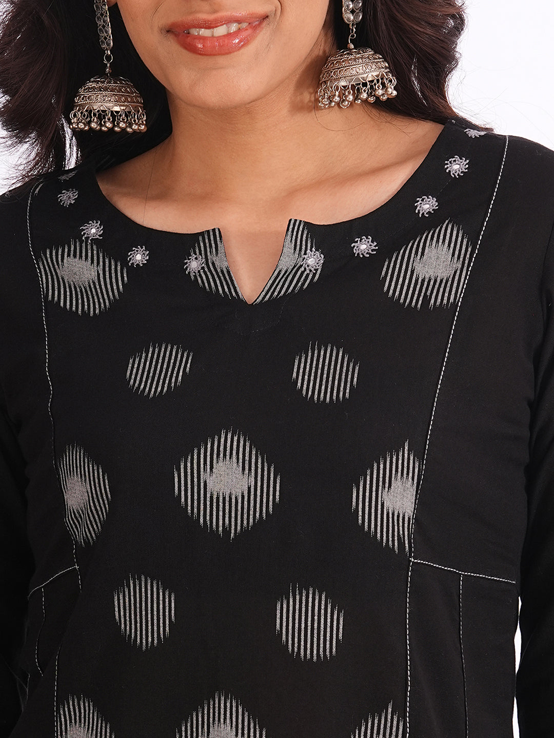 Pocketed A-line cotton kurta with a printed centre panel and hand work detailing (Black)