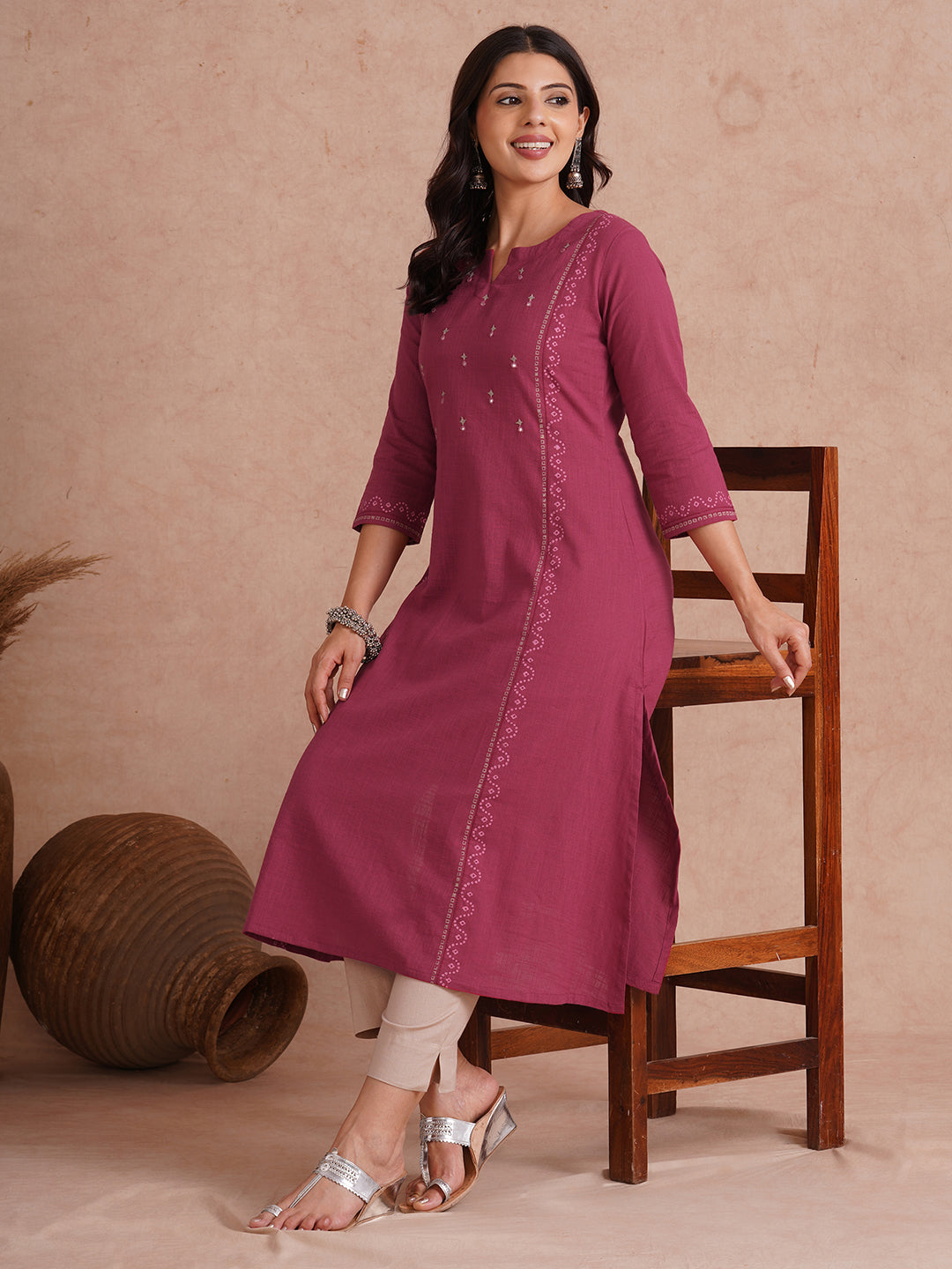 A-Line fit cotton slurb kurta with hand embroidery, block print and an inseam pocket.