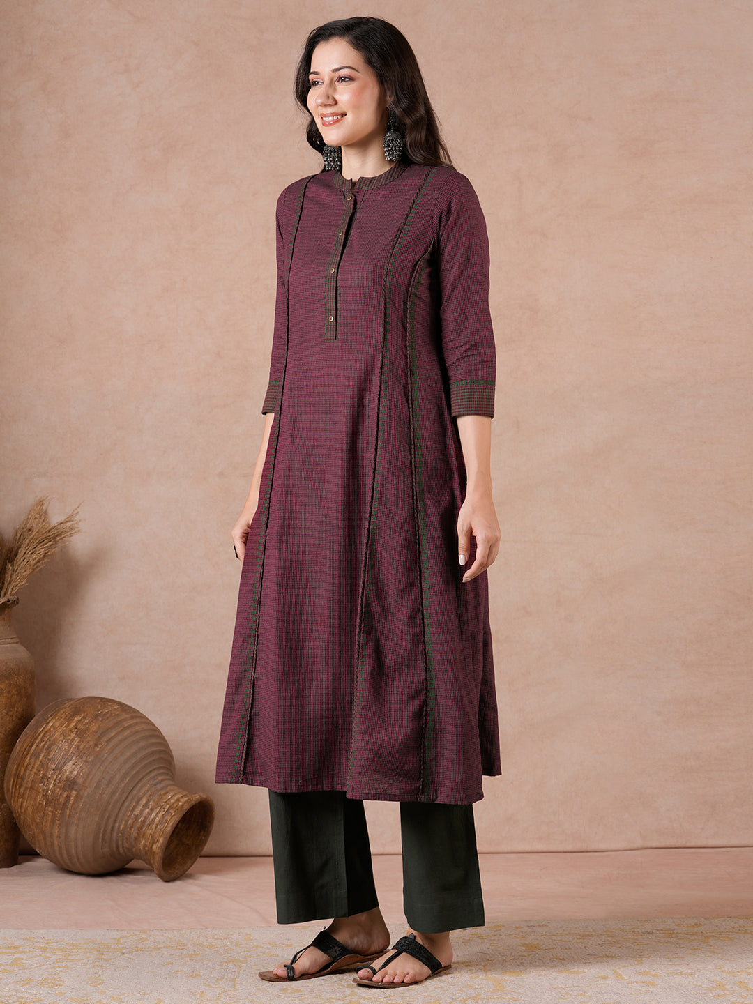 Pocketed A-Line Cotton Checks Kurta with Hand Block Print & Trim Detail.