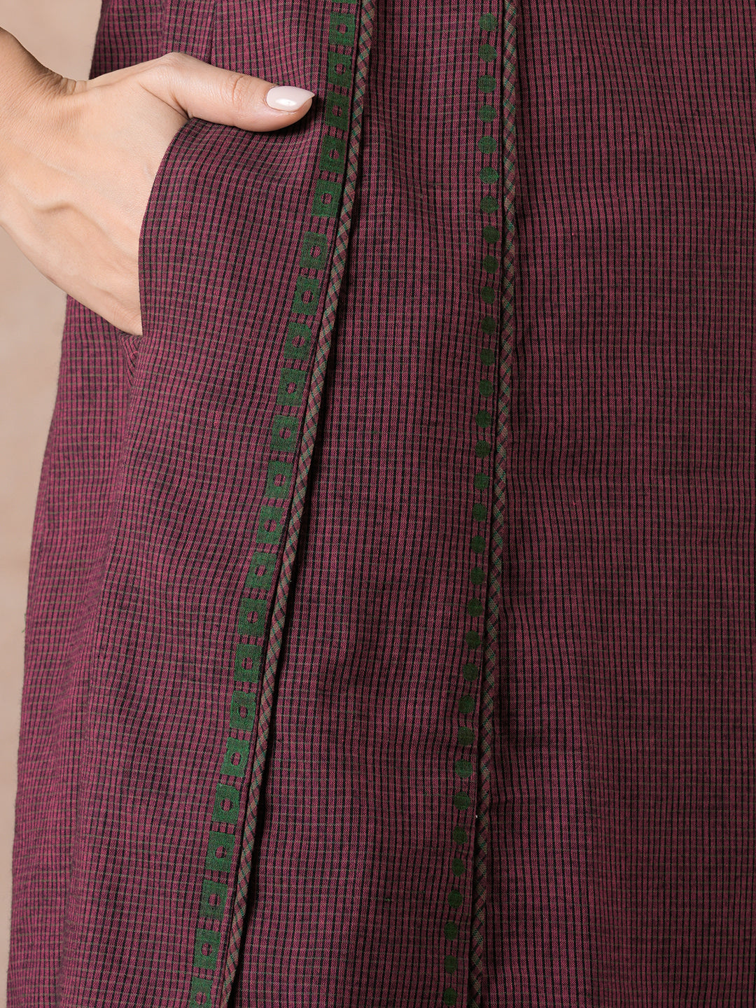 Pocketed A-Line Cotton Checks Kurta with Hand Block Print & Trim Detail.