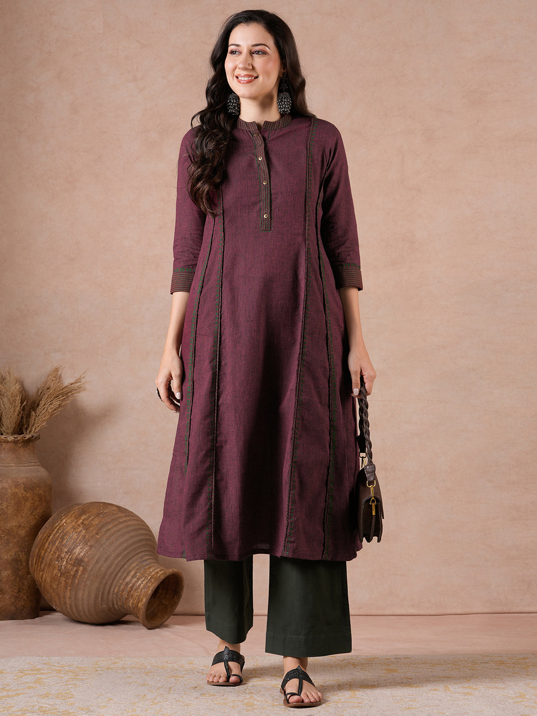 Pocketed A-Line Cotton Checks Kurta with Hand Block Print & Trim Detail.