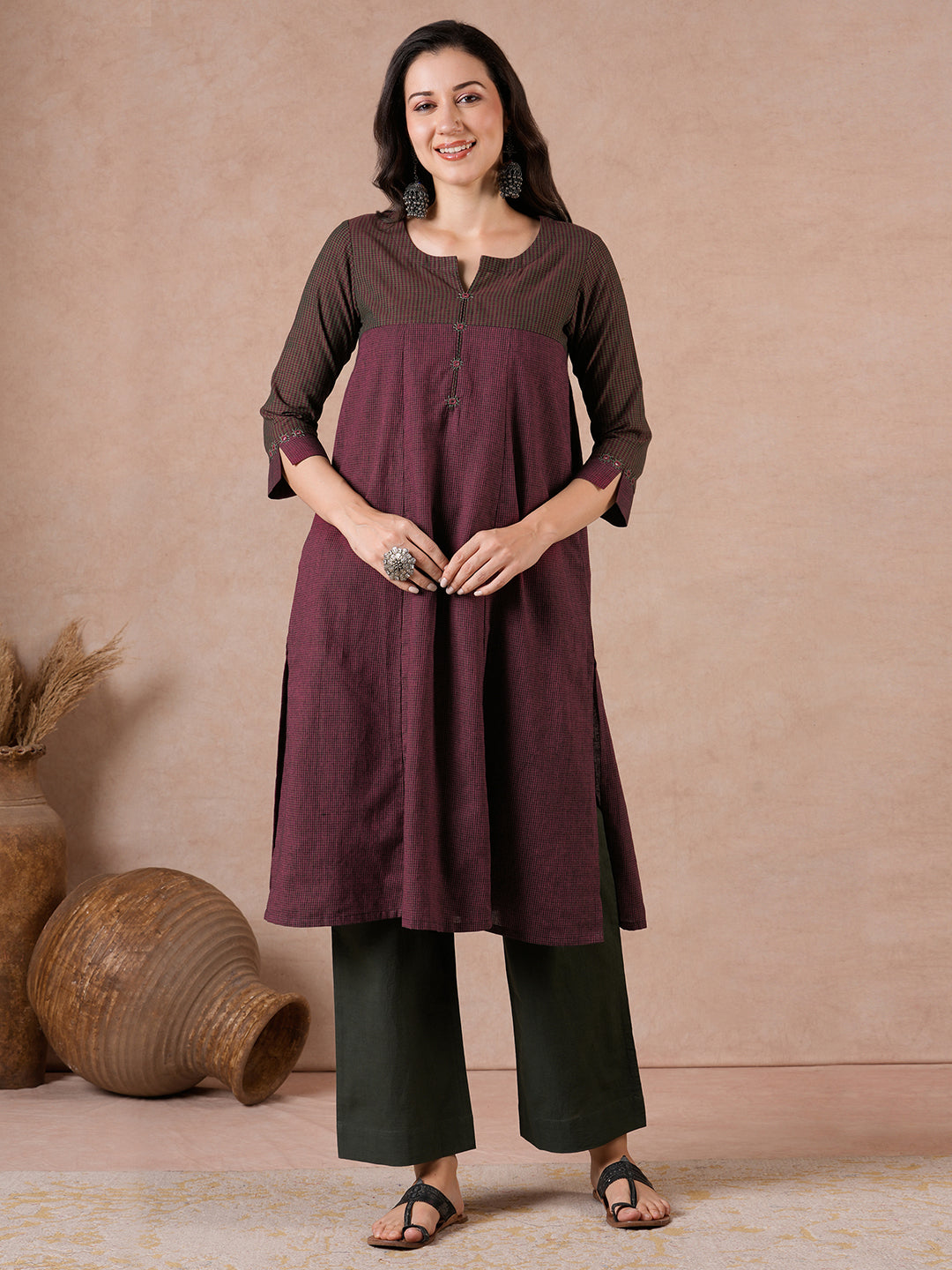 Flared Cotton Kurta with Mirror Work & Checkered Panel and Elegant Sleeve Detailing.