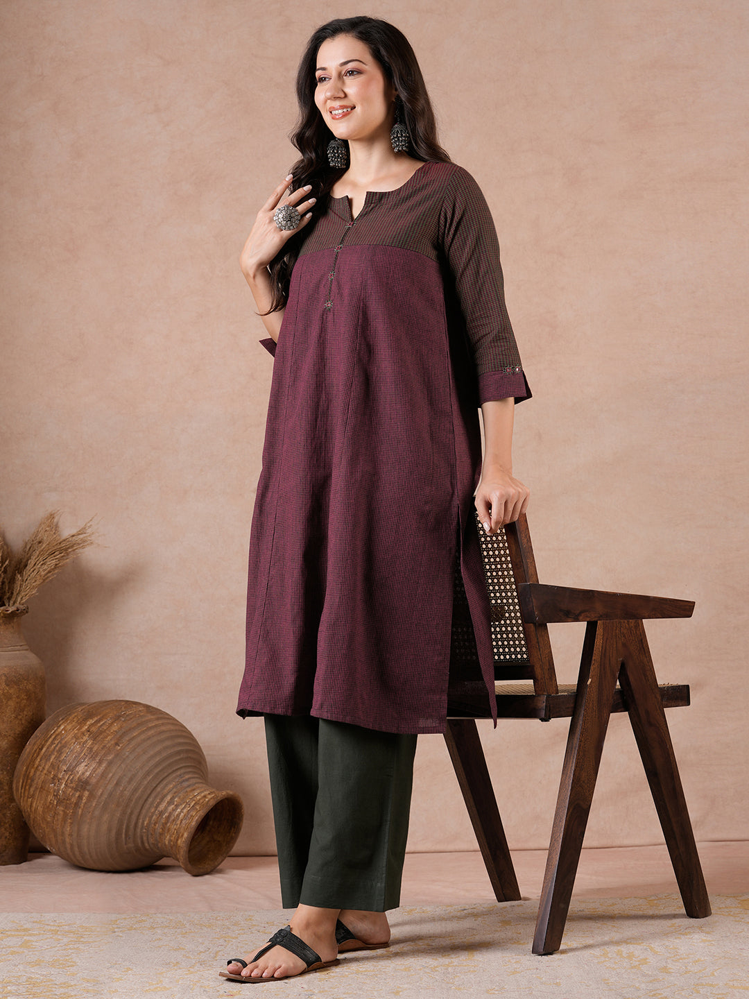 Flared Cotton Kurta with Mirror Work & Checkered Panel and Elegant Sleeve Detailing.